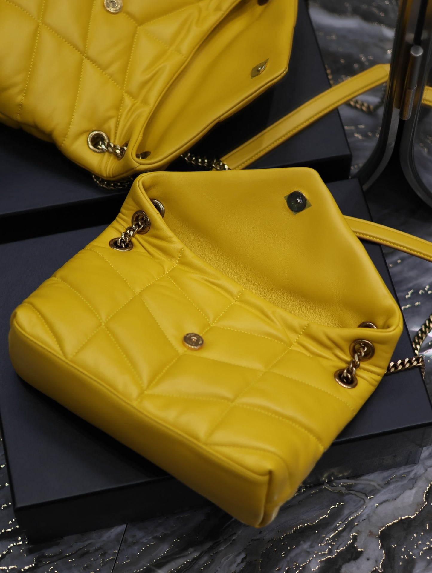 Saint Laurent Puffer Small Chain Bag In Yellow Lambskin