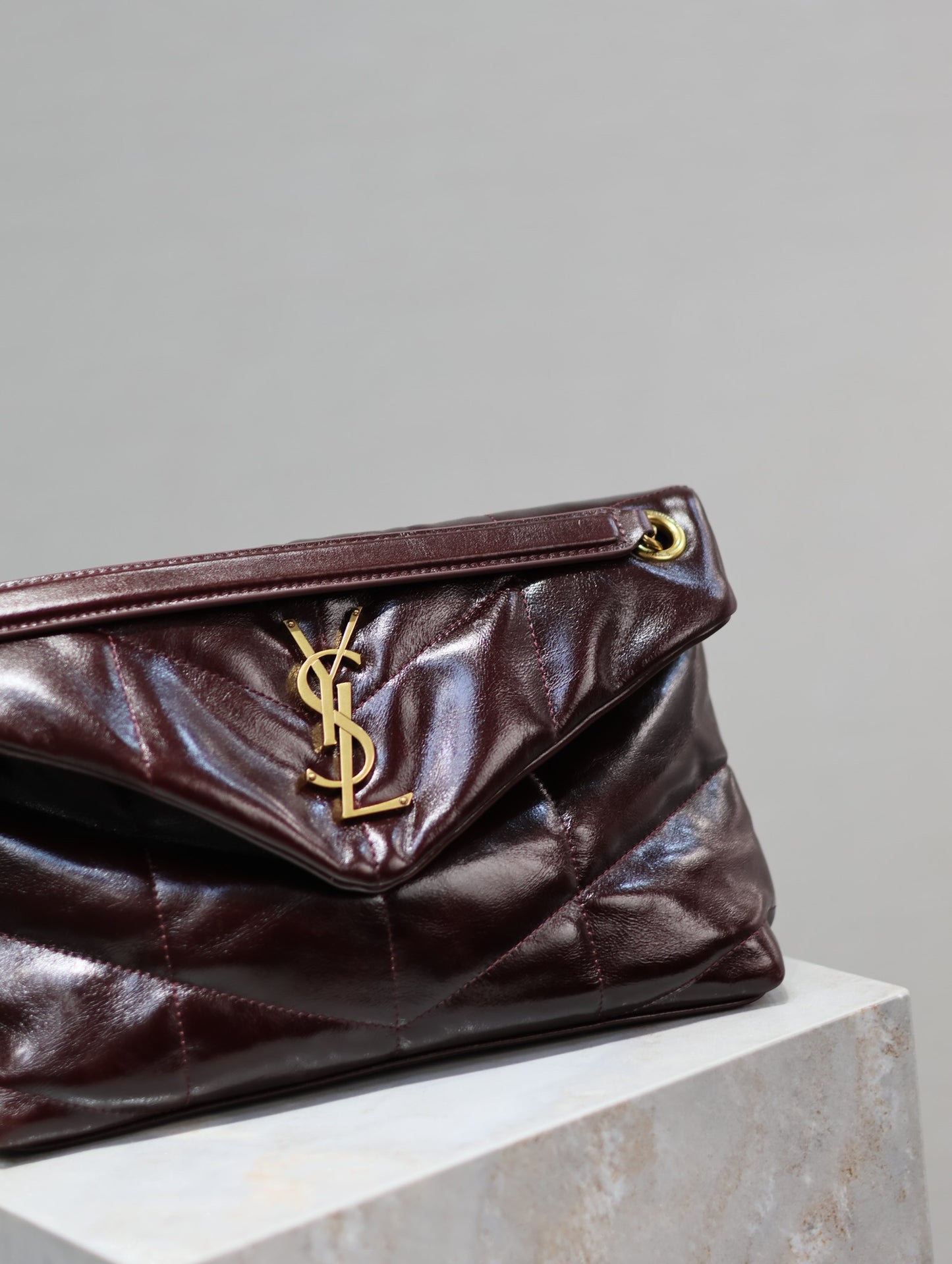 Saint Laurent Puffer Small Chain Bag In Maroon Patent leather