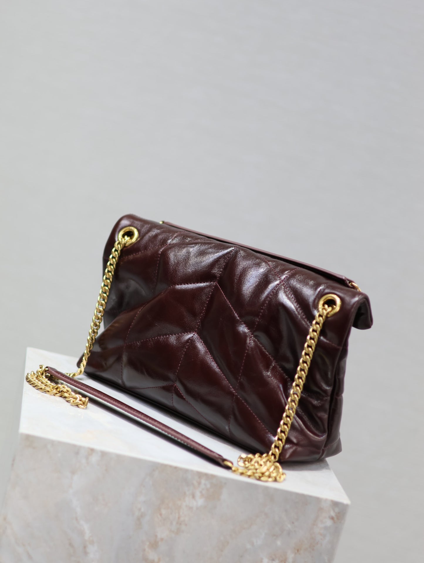 Saint Laurent Puffer Small Chain Bag In Maroon Patent leather