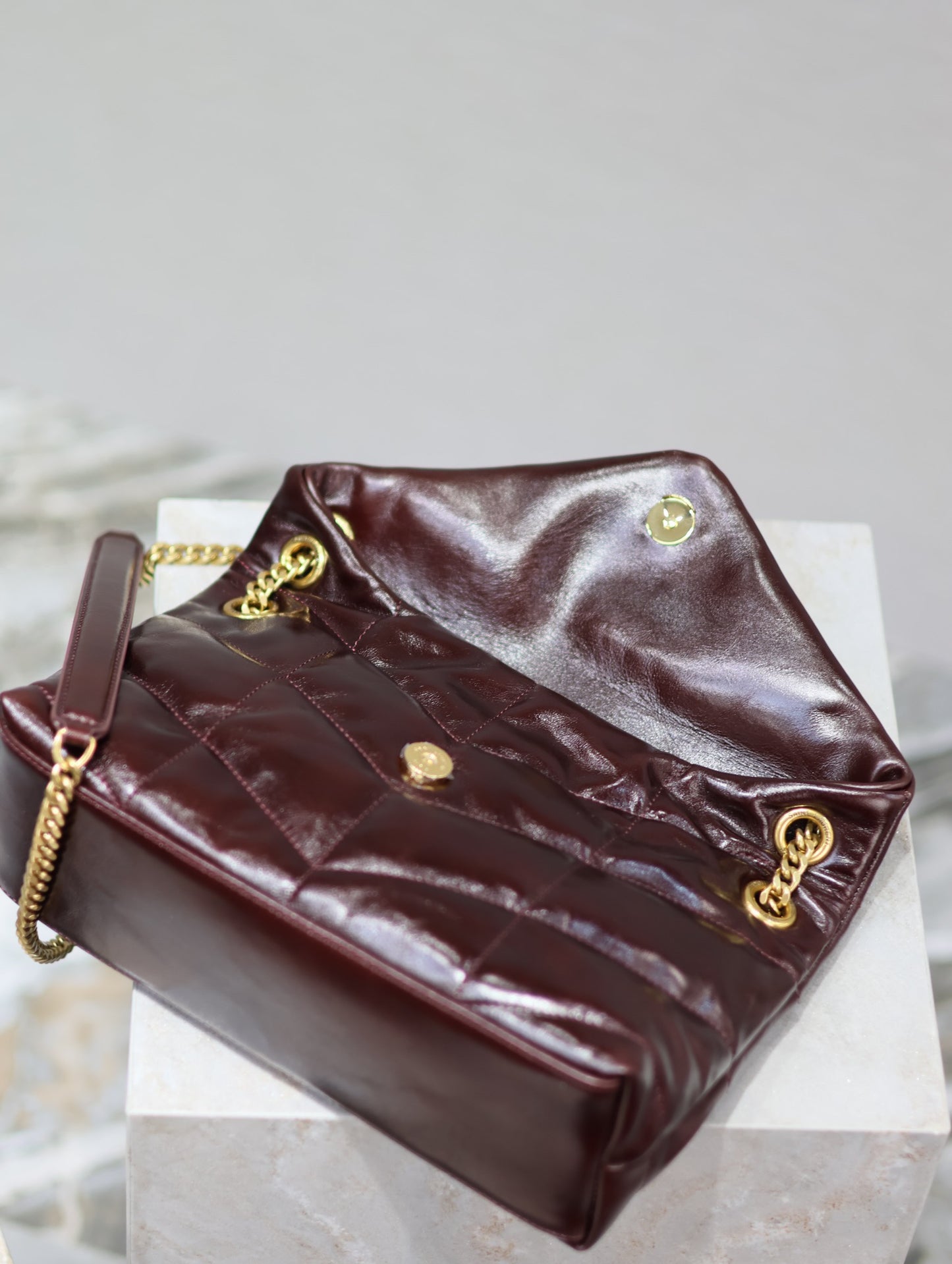 Saint Laurent Puffer Small Chain Bag In Maroon Patent leather