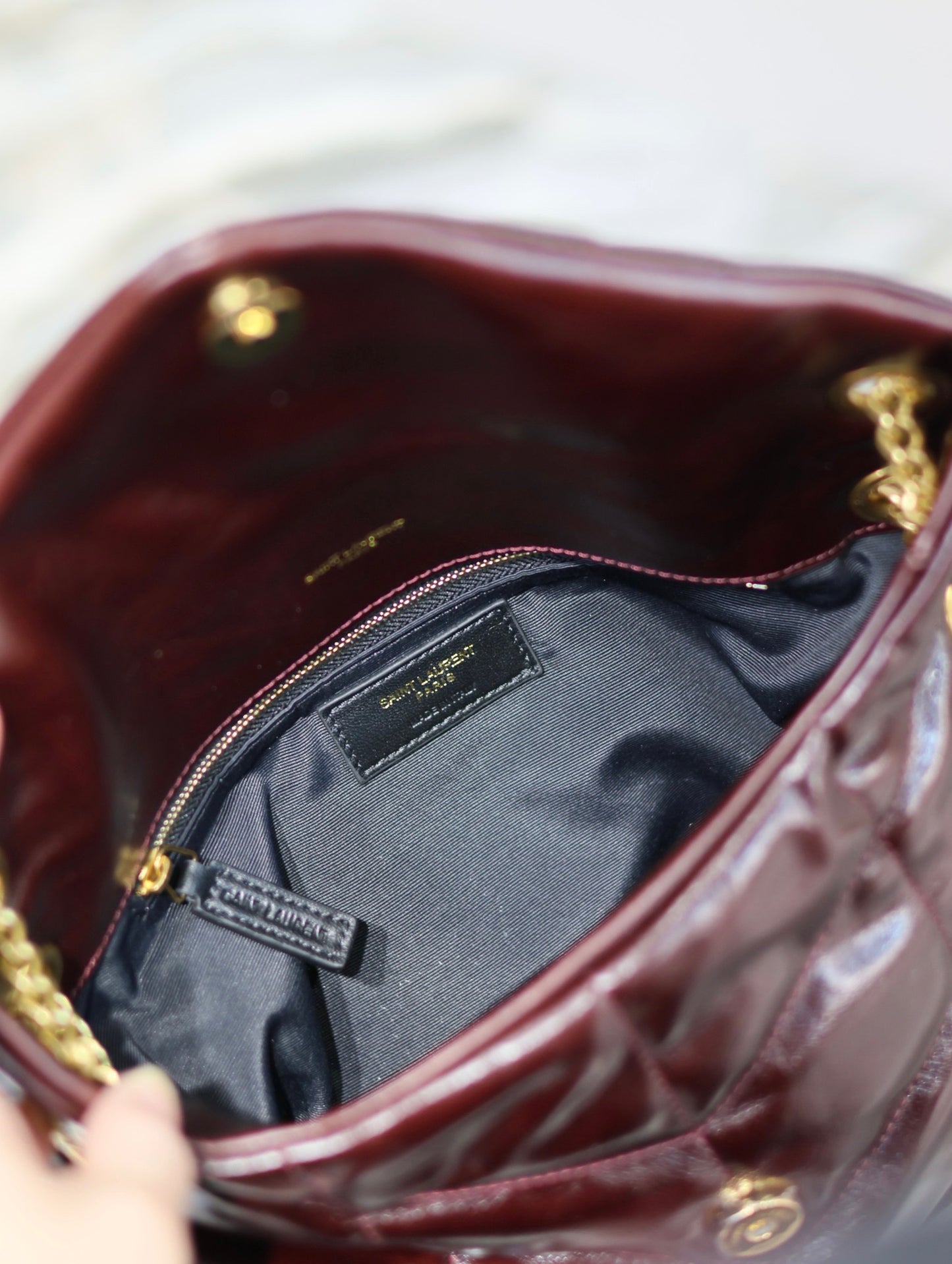 Saint Laurent Puffer Small Chain Bag In Maroon Patent leather