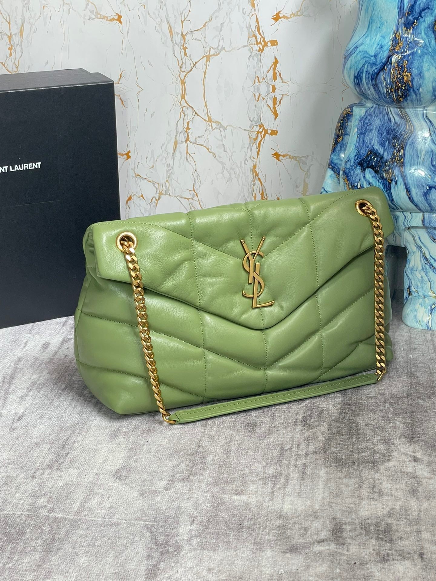 Saint Laurent Puffer Medium Chain Bag In Green Lambskin