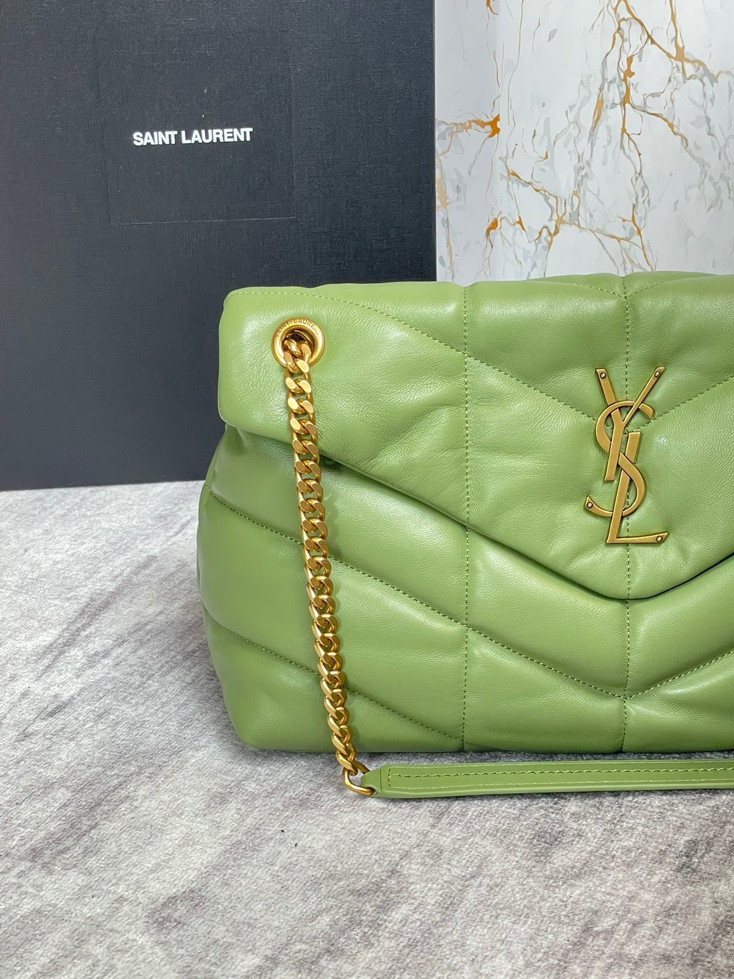 Saint Laurent Puffer Medium Chain Bag In Green Lambskin