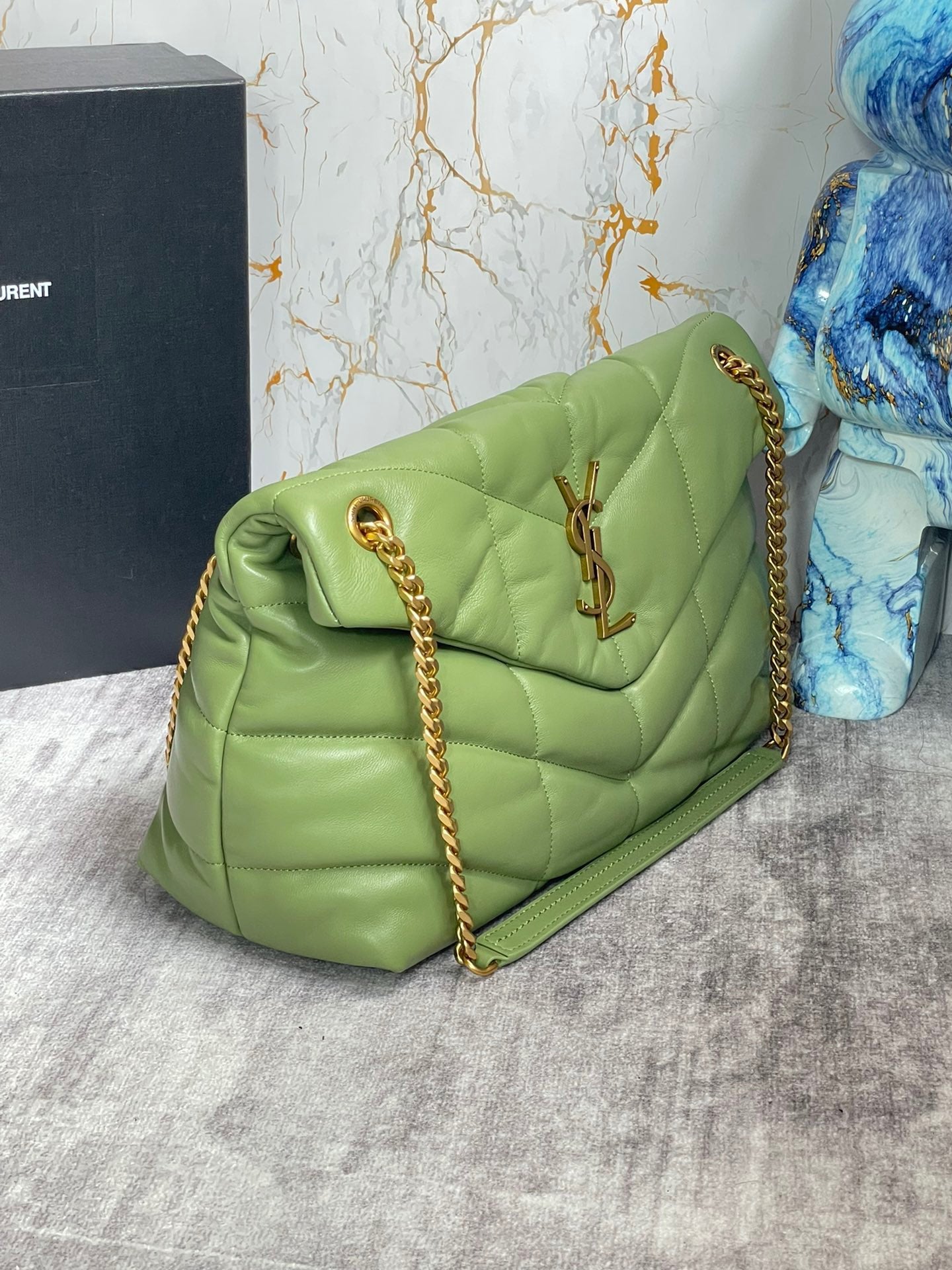 Saint Laurent Puffer Medium Chain Bag In Green Lambskin