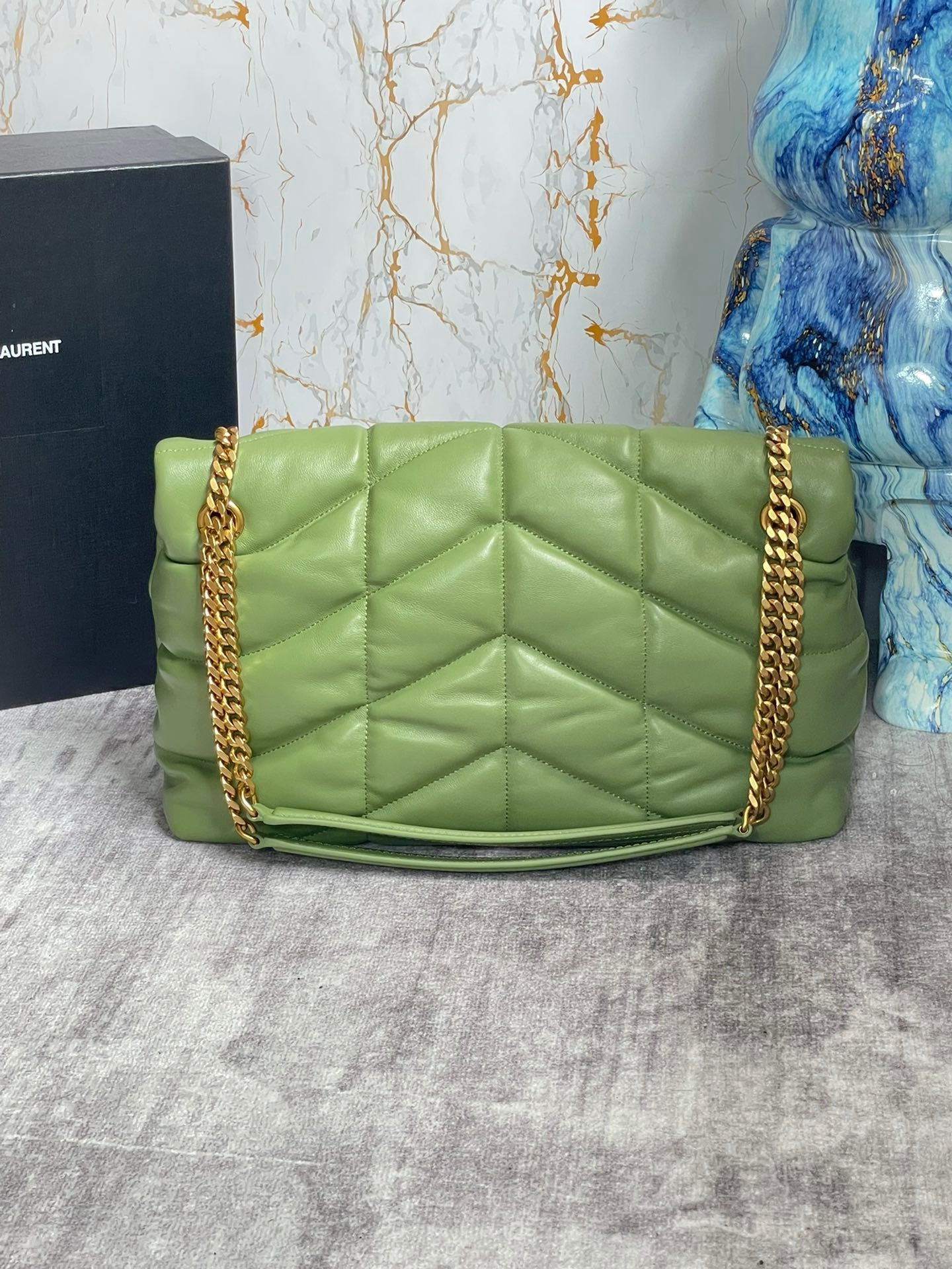 Saint Laurent Puffer Medium Chain Bag In Green Lambskin