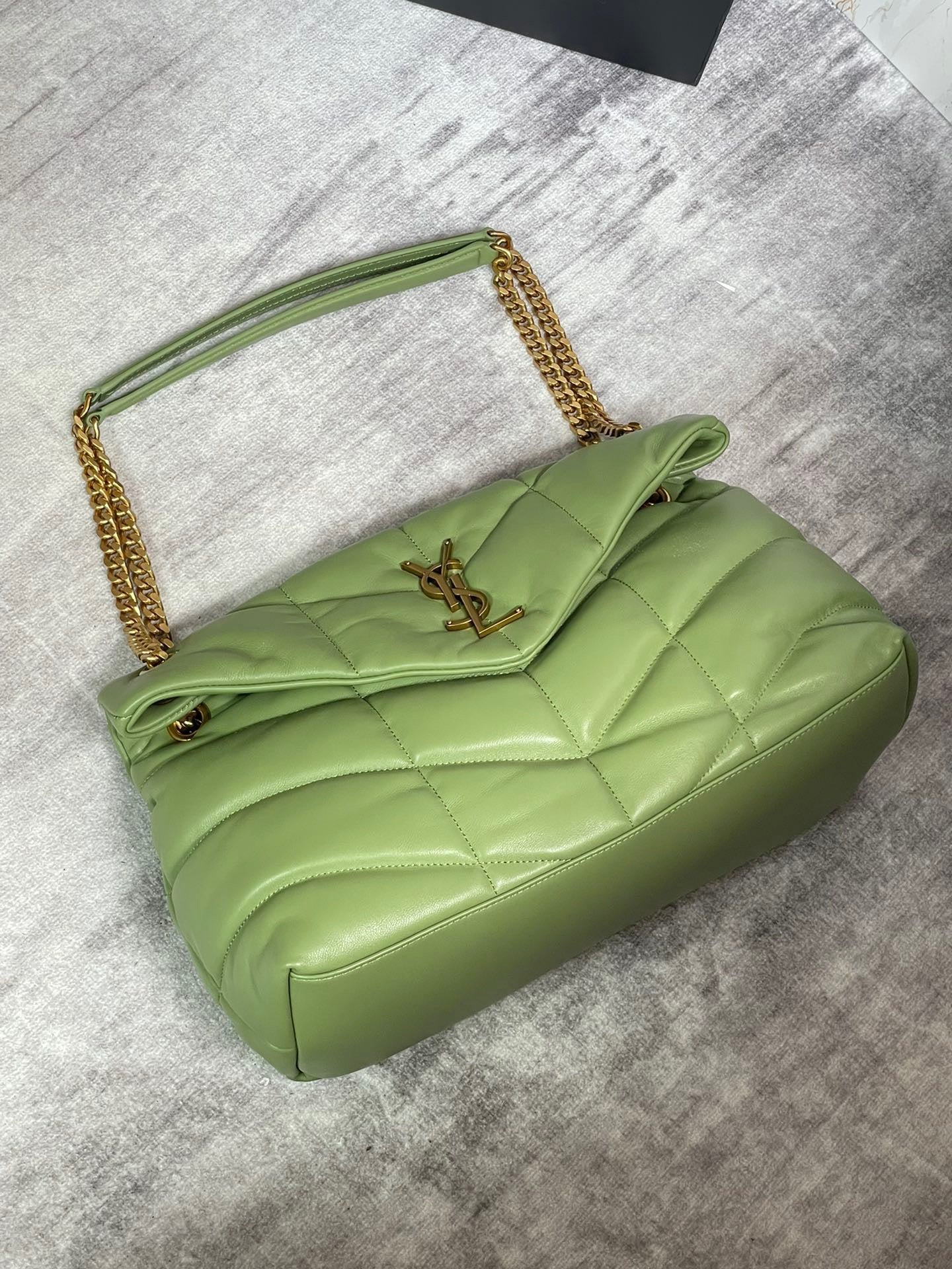 Saint Laurent Puffer Medium Chain Bag In Green Lambskin