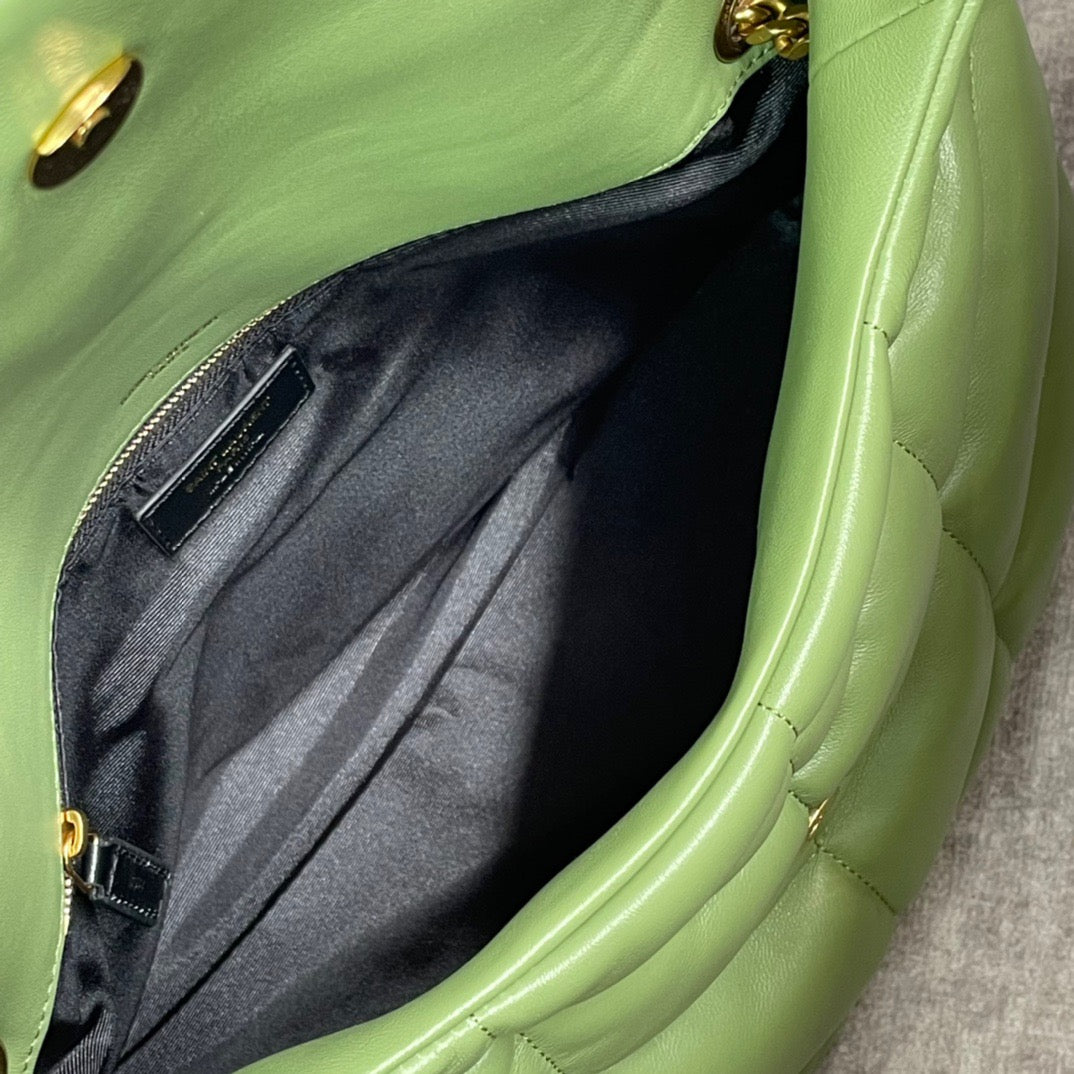 Saint Laurent Puffer Medium Chain Bag In Green Lambskin