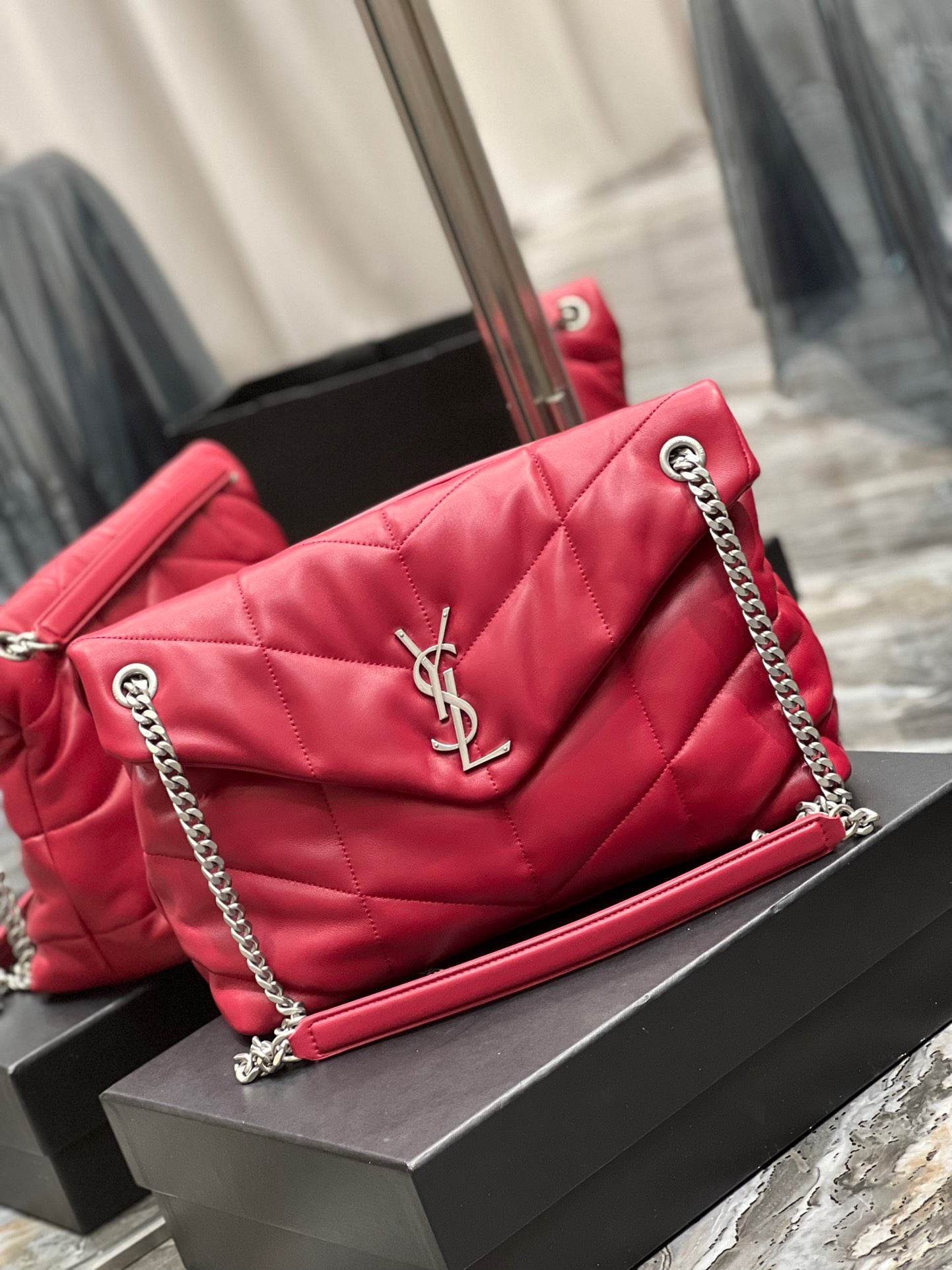 Saint Laurent Puffer Medium Chain Bag In Red Lambskin