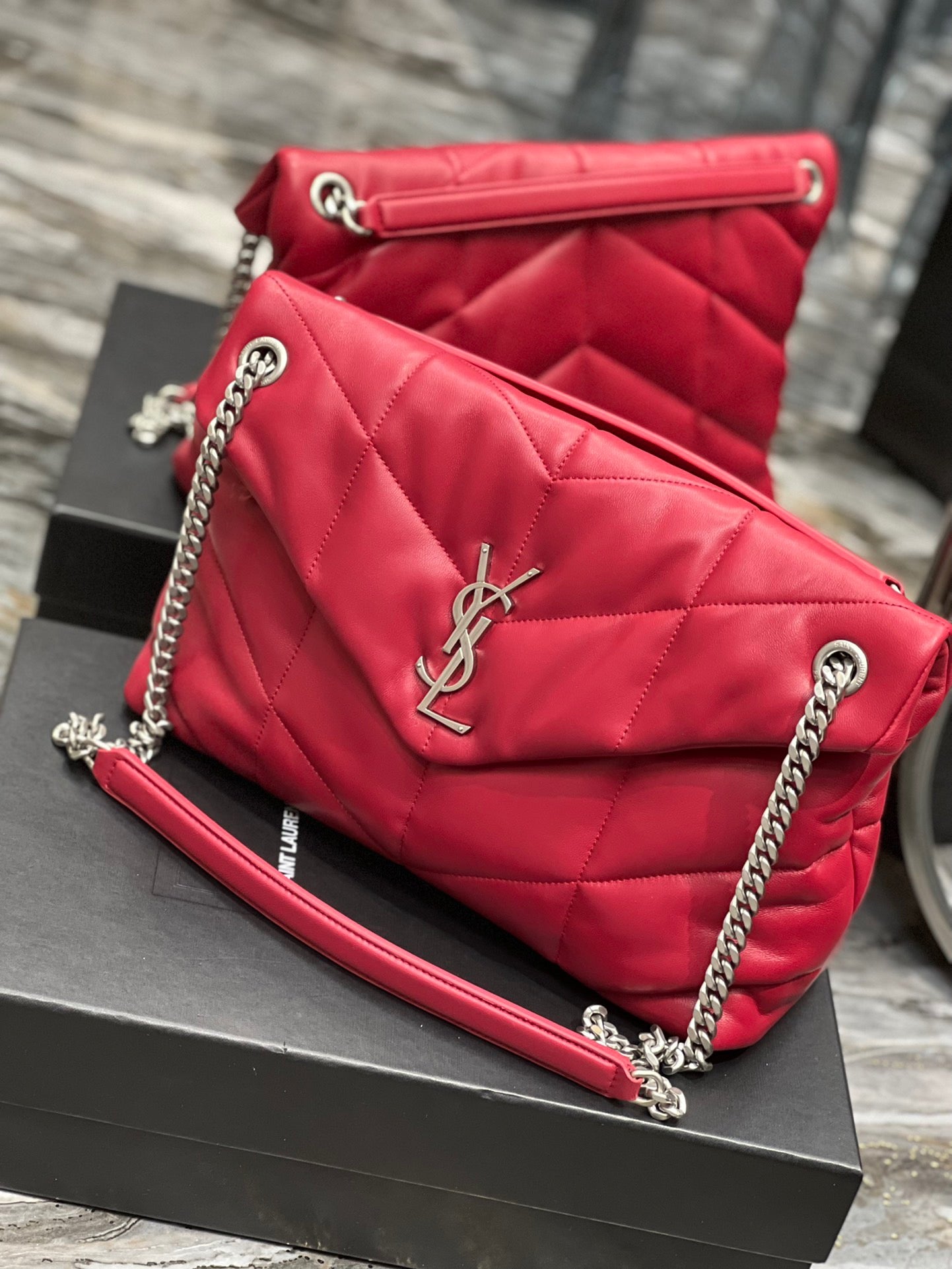 Saint Laurent Puffer Medium Chain Bag In Red Lambskin