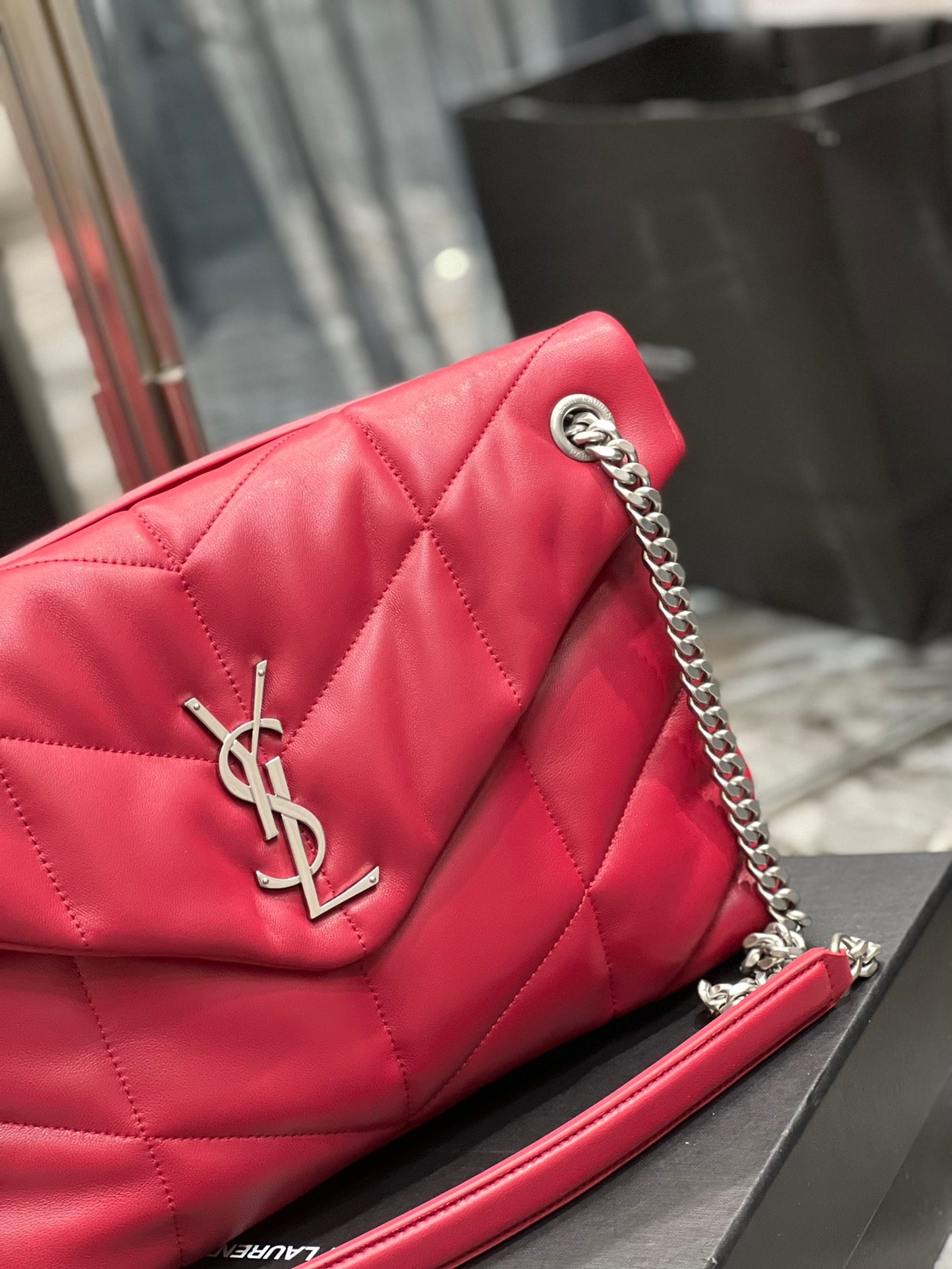 Saint Laurent Puffer Medium Chain Bag In Red Lambskin