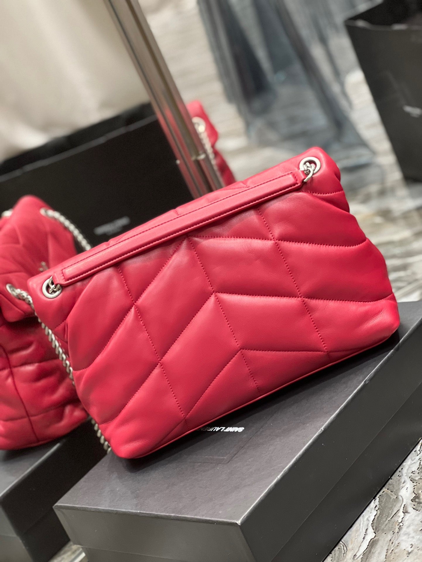 Saint Laurent Puffer Medium Chain Bag In Red Lambskin