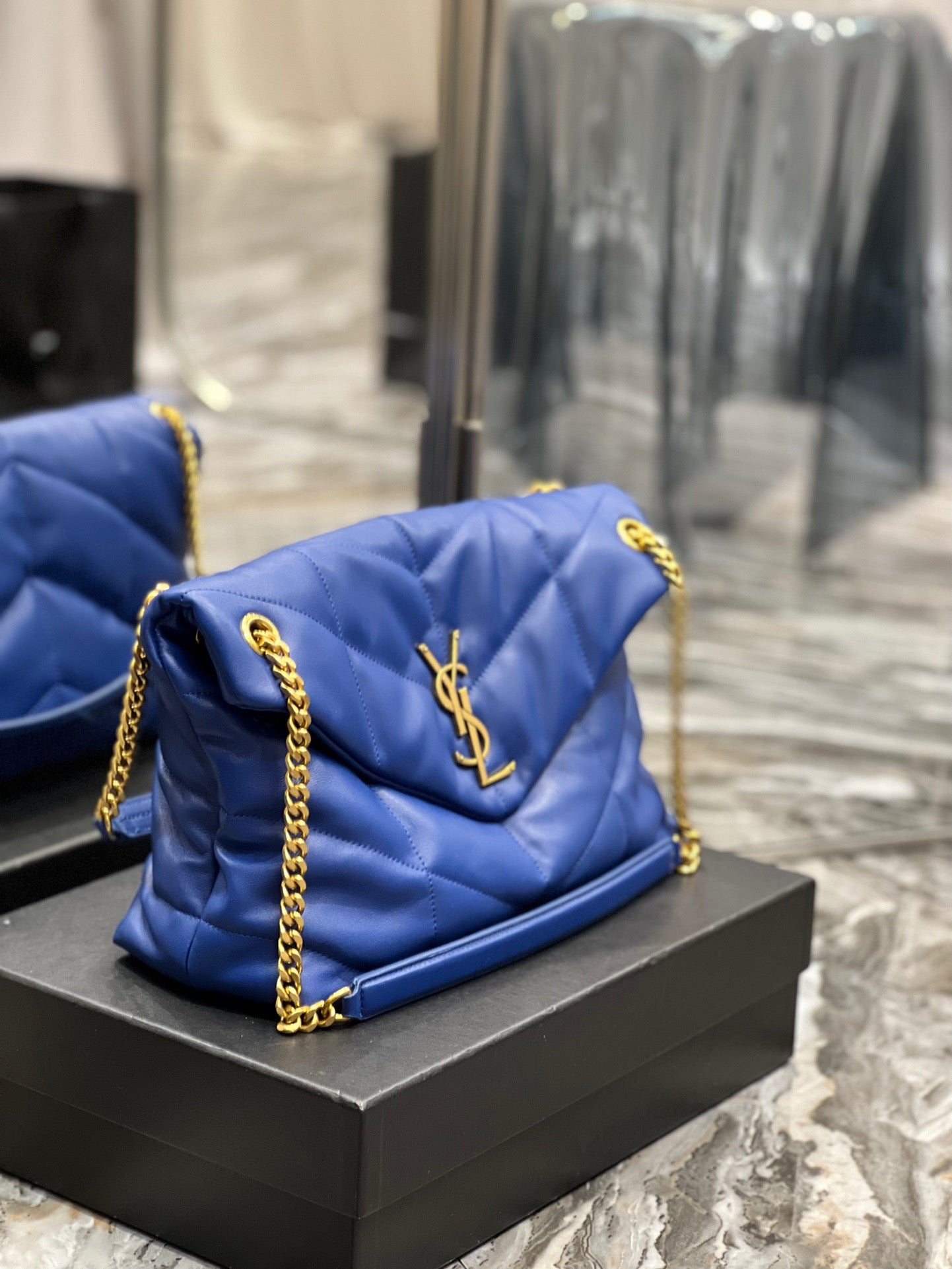 Saint Laurent Puffer Medium Chain Bag In Blue Lambskin