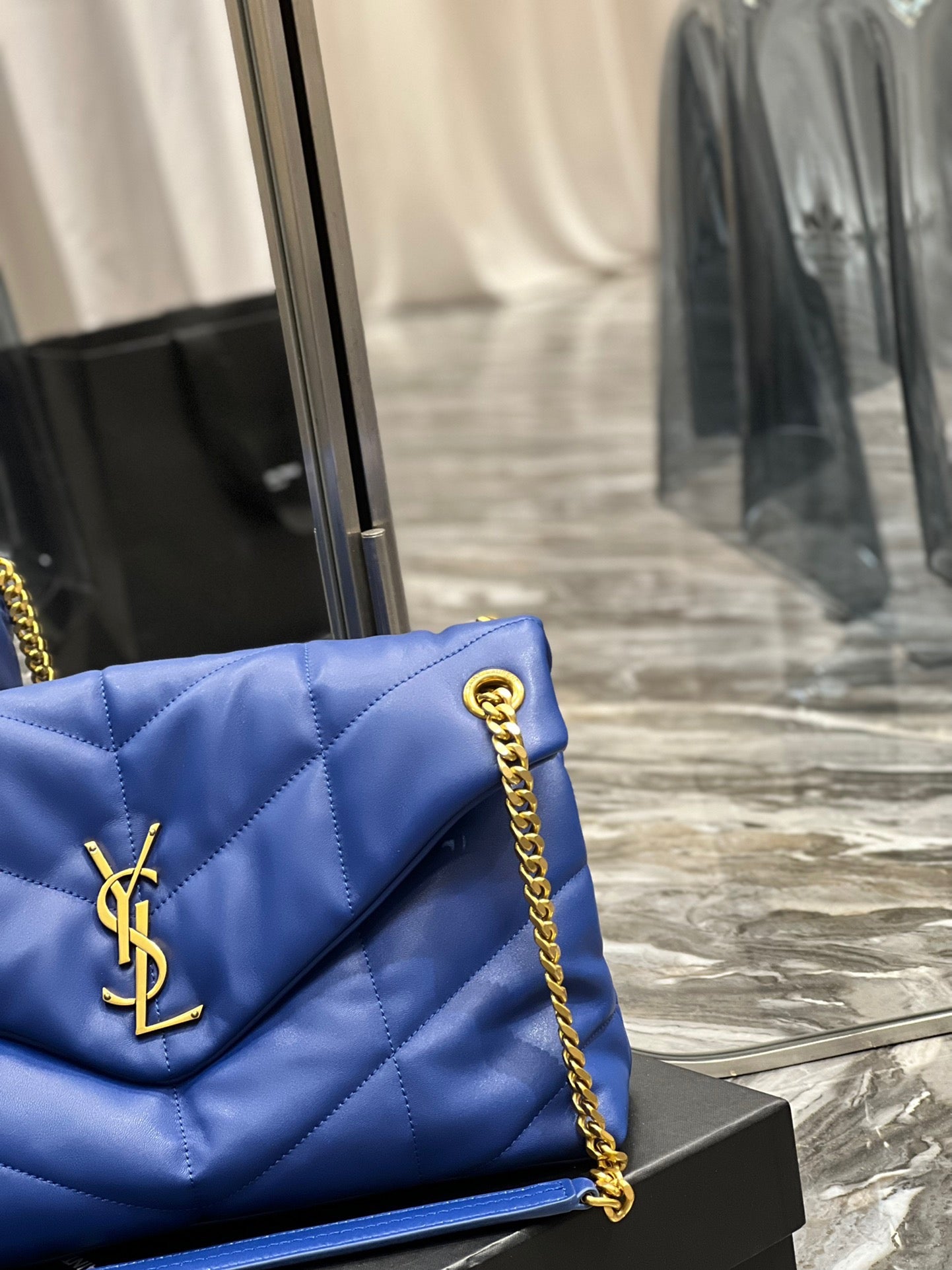 Saint Laurent Puffer Medium Chain Bag In Blue Lambskin