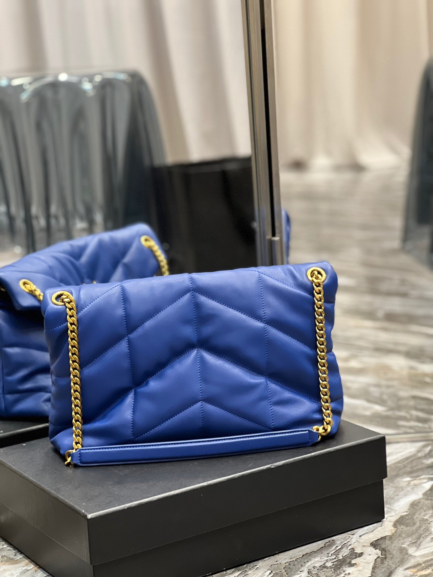 Saint Laurent Puffer Medium Chain Bag In Blue Lambskin