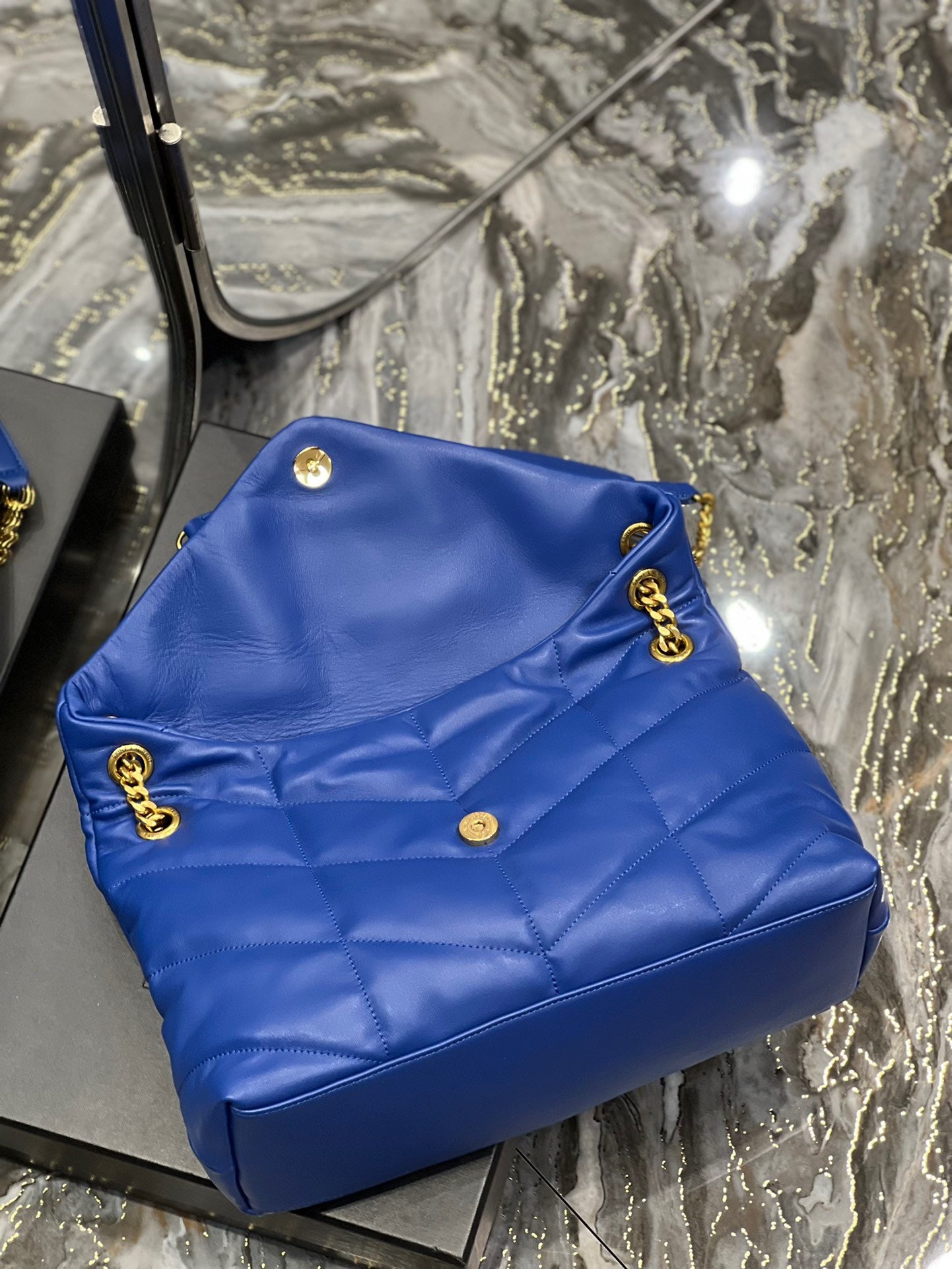 Saint Laurent Puffer Medium Chain Bag In Blue Lambskin