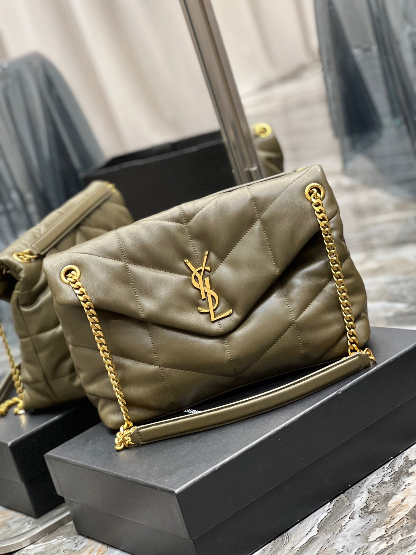 Saint Laurent Puffer Medium Chain Bag In Army Green Lambskin