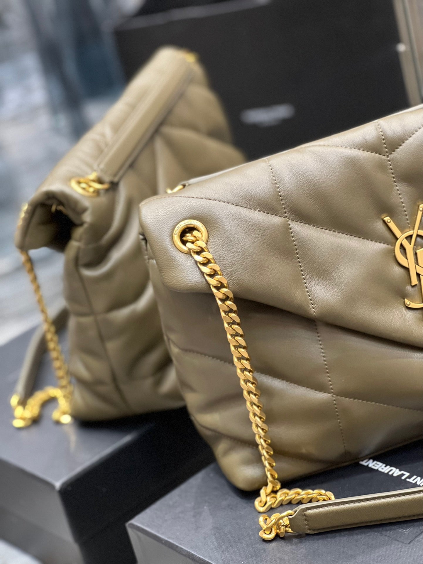 Saint Laurent Puffer Medium Chain Bag In Army Green Lambskin