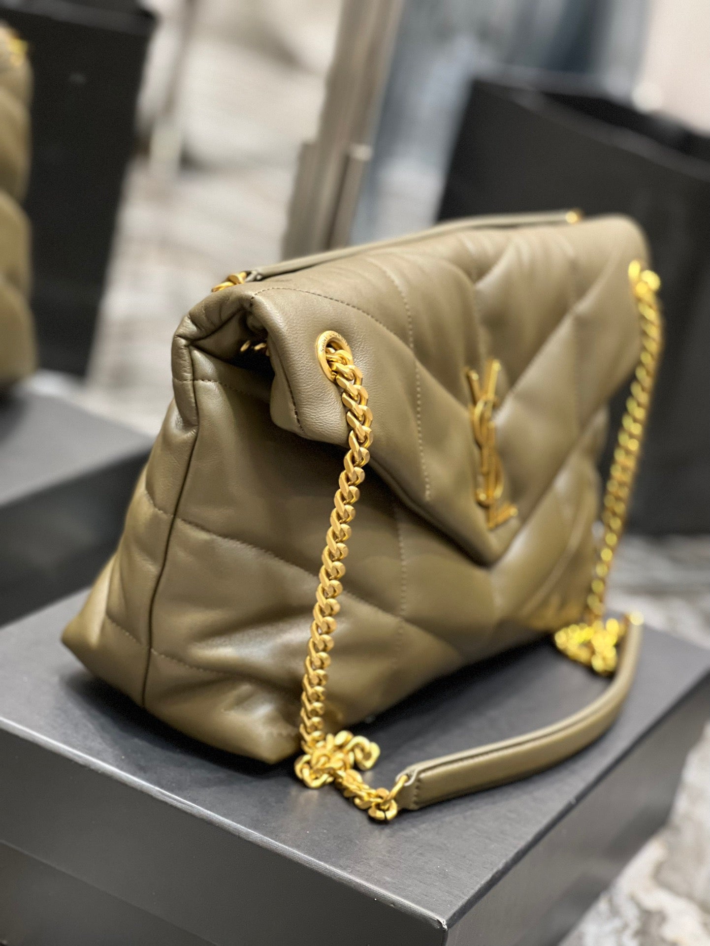 Saint Laurent Puffer Medium Chain Bag In Army Green Lambskin