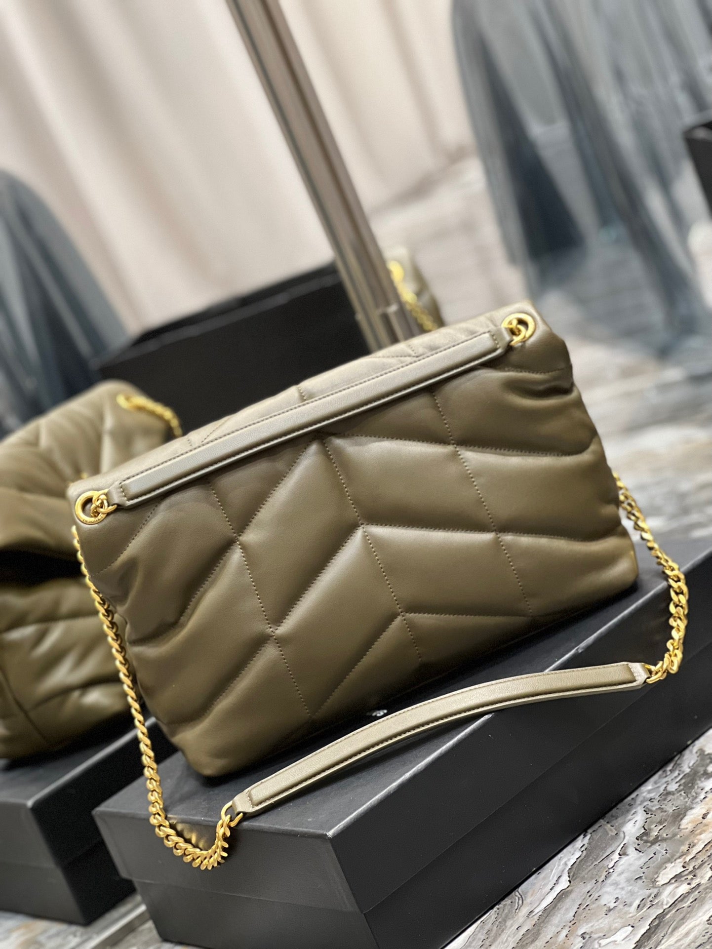 Saint Laurent Puffer Medium Chain Bag In Army Green Lambskin