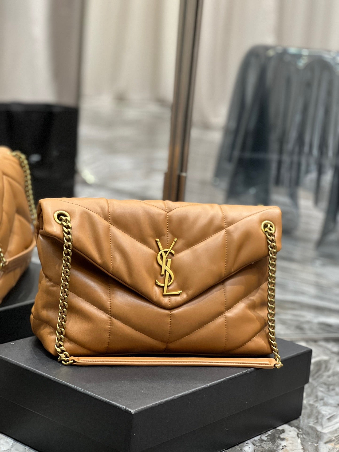 Saint Laurent Puffer Medium Chain Bag In Gold Brown Lambskin