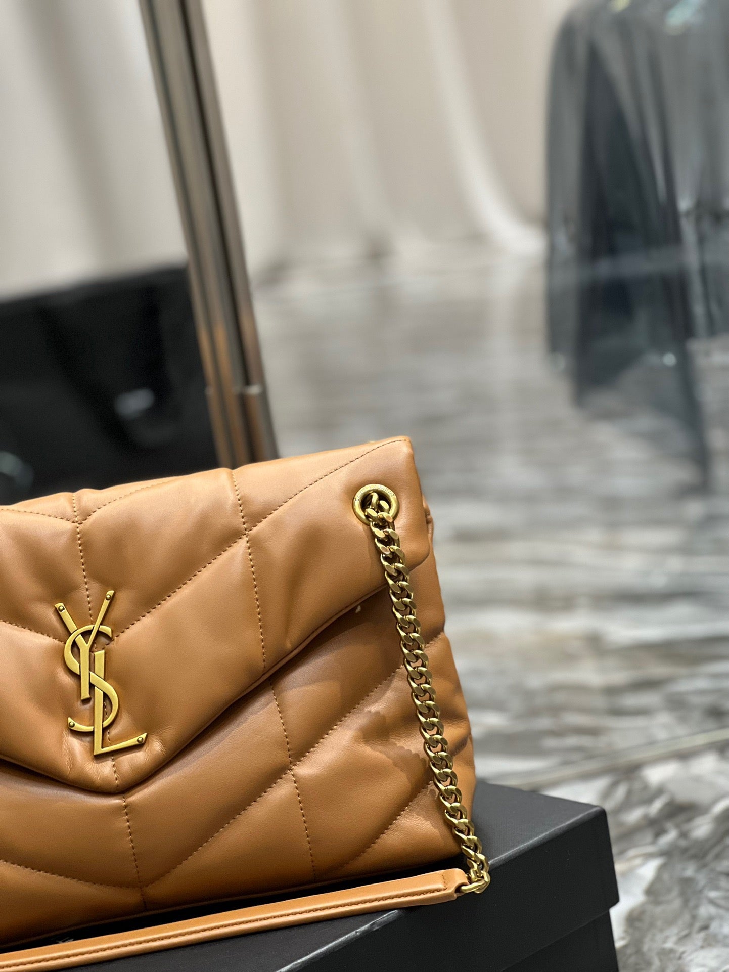 Saint Laurent Puffer Medium Chain Bag In Gold Brown Lambskin