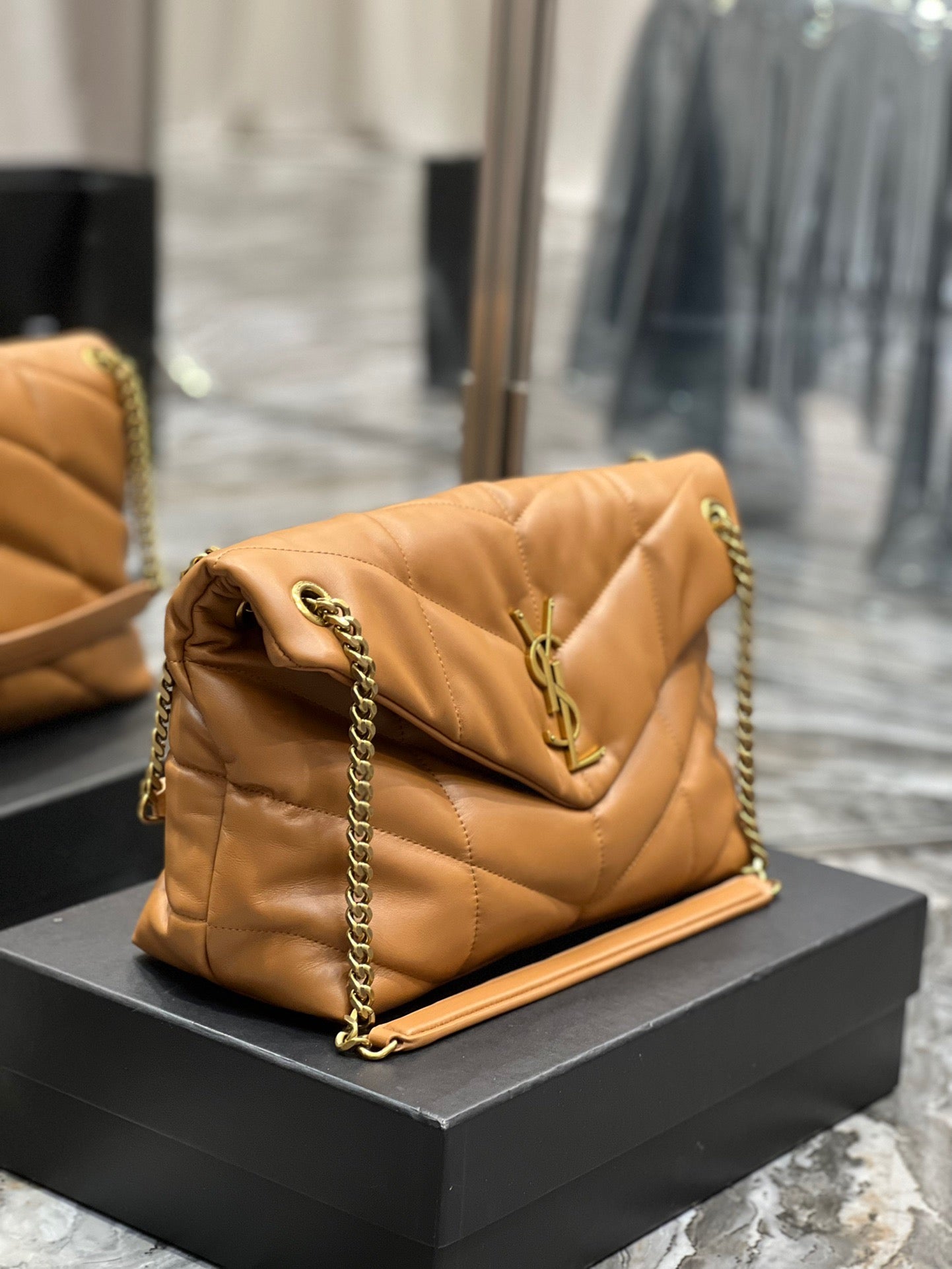 Saint Laurent Puffer Medium Chain Bag In Gold Brown Lambskin