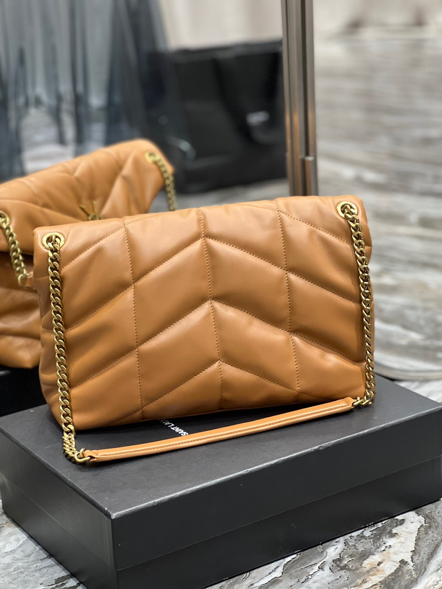 Saint Laurent Puffer Medium Chain Bag In Gold Brown Lambskin