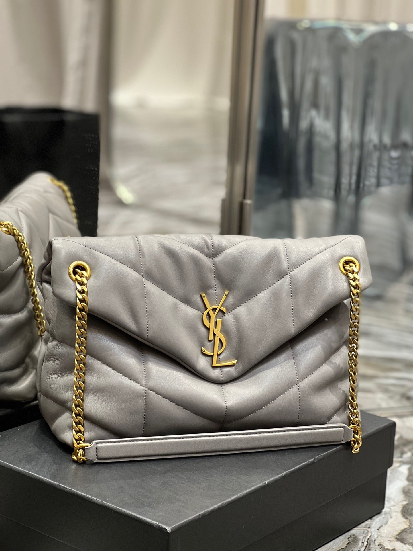 Saint Laurent Puffer Medium Chain Bag In Gray Lambskin