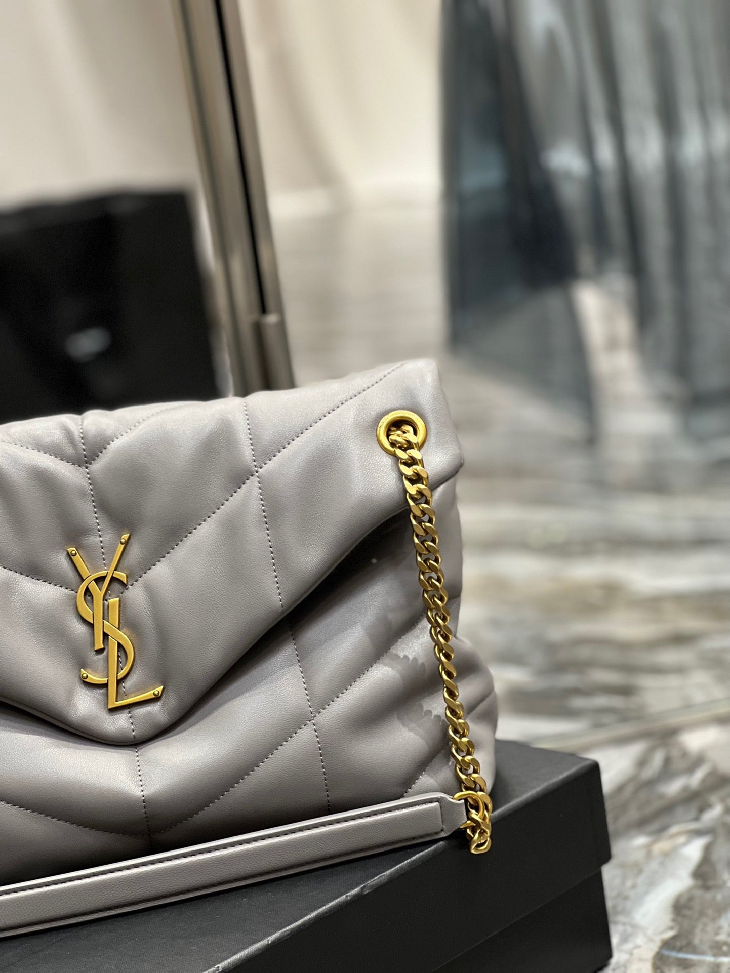 Saint Laurent Puffer Medium Chain Bag In Gray Lambskin