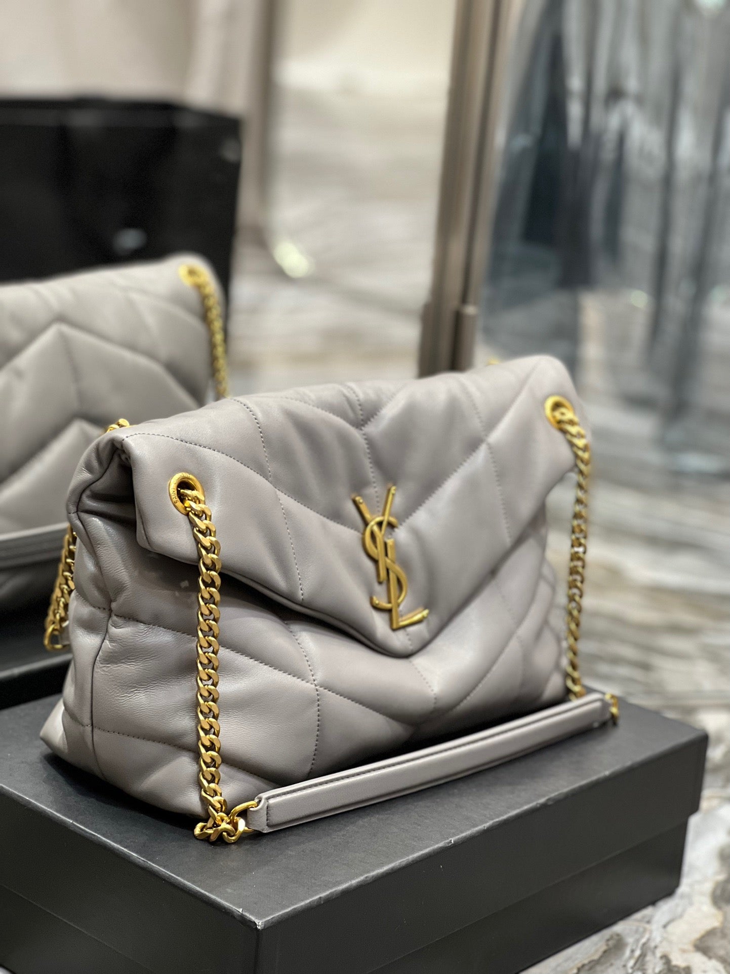 Saint Laurent Puffer Medium Chain Bag In Gray Lambskin