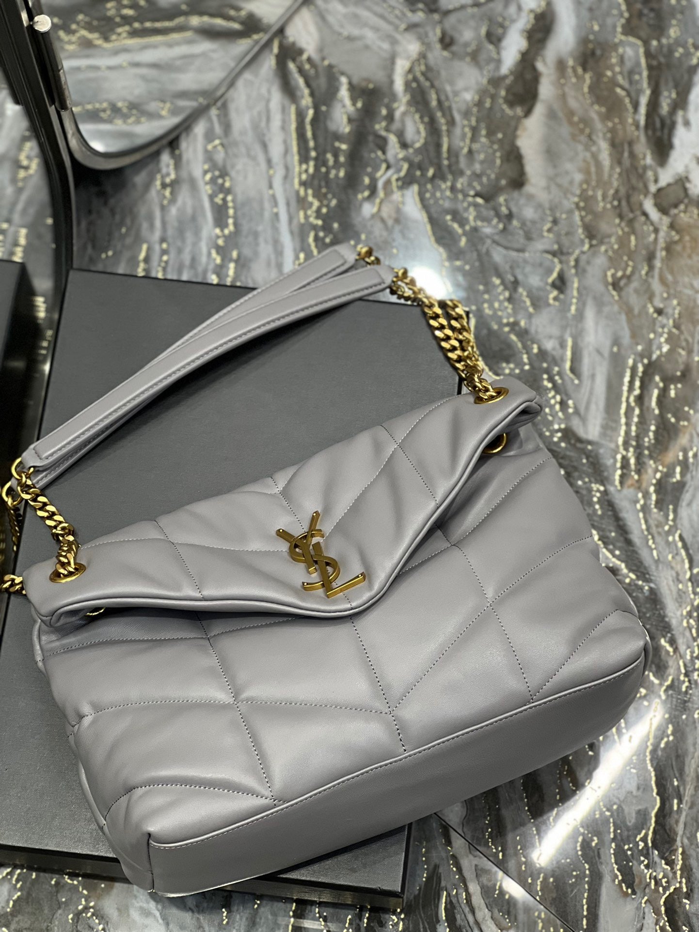 Saint Laurent Puffer Medium Chain Bag In Gray Lambskin