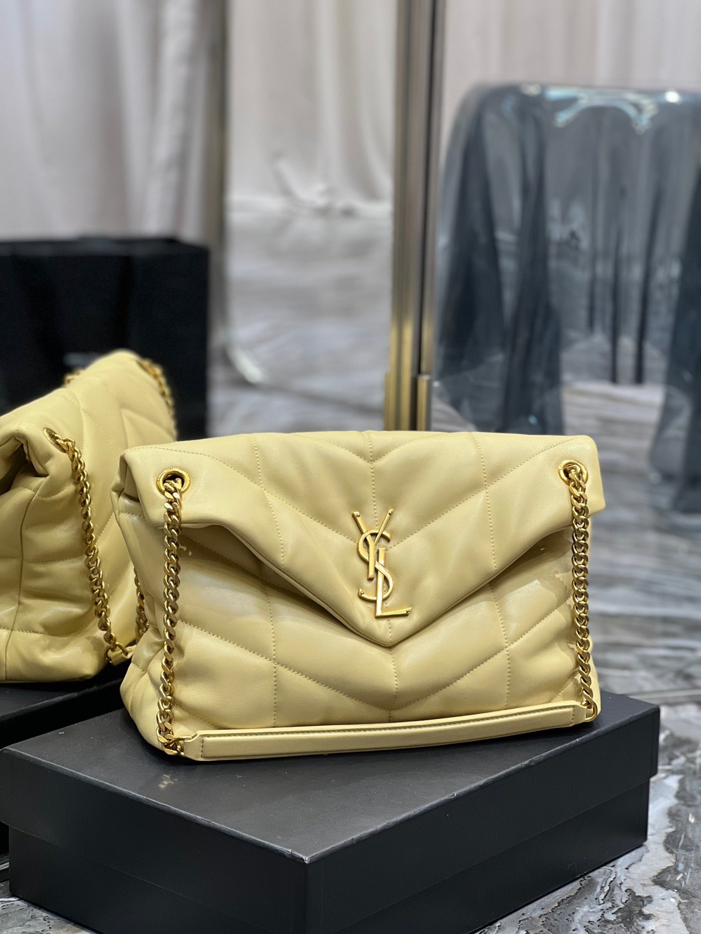 Saint Laurent Puffer Medium Chain Bag In Jaune Poussin Lambskin