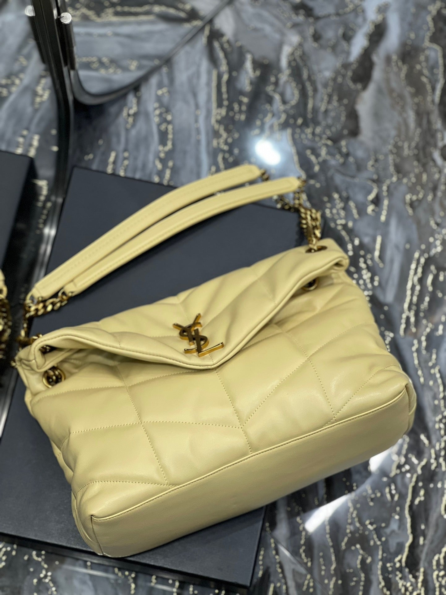 Saint Laurent Puffer Medium Chain Bag In Jaune Poussin Lambskin