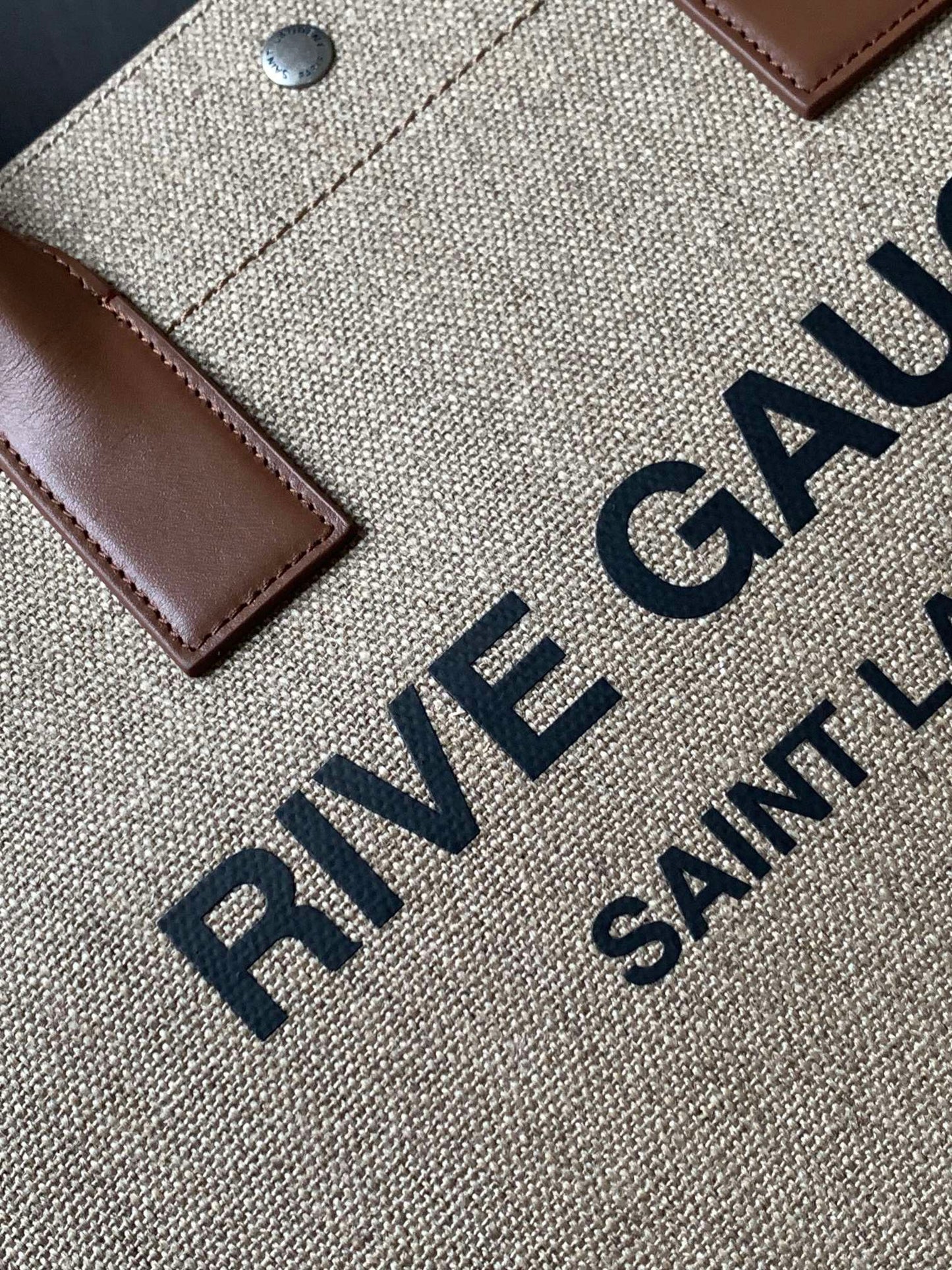 Saint Laurent Rive Gauche Small Tote Bag in Brown Linen and Leather