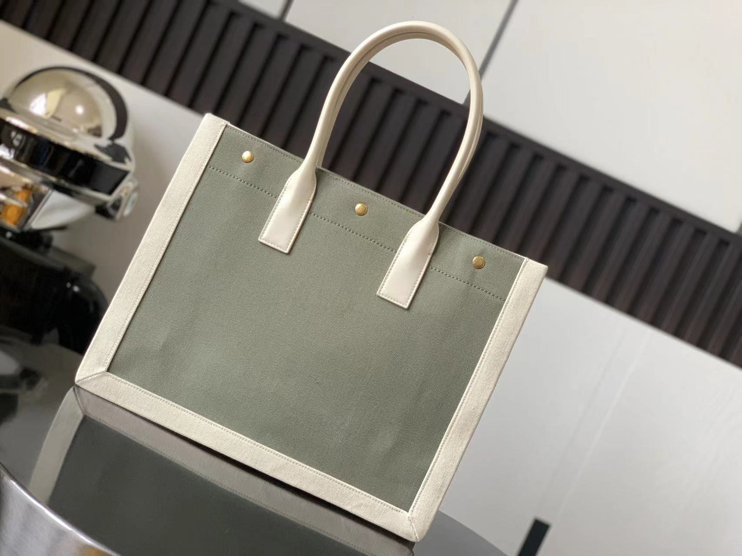 Saint Laurent Rive Gauche Small Tote Bag in Green Linen and Leather