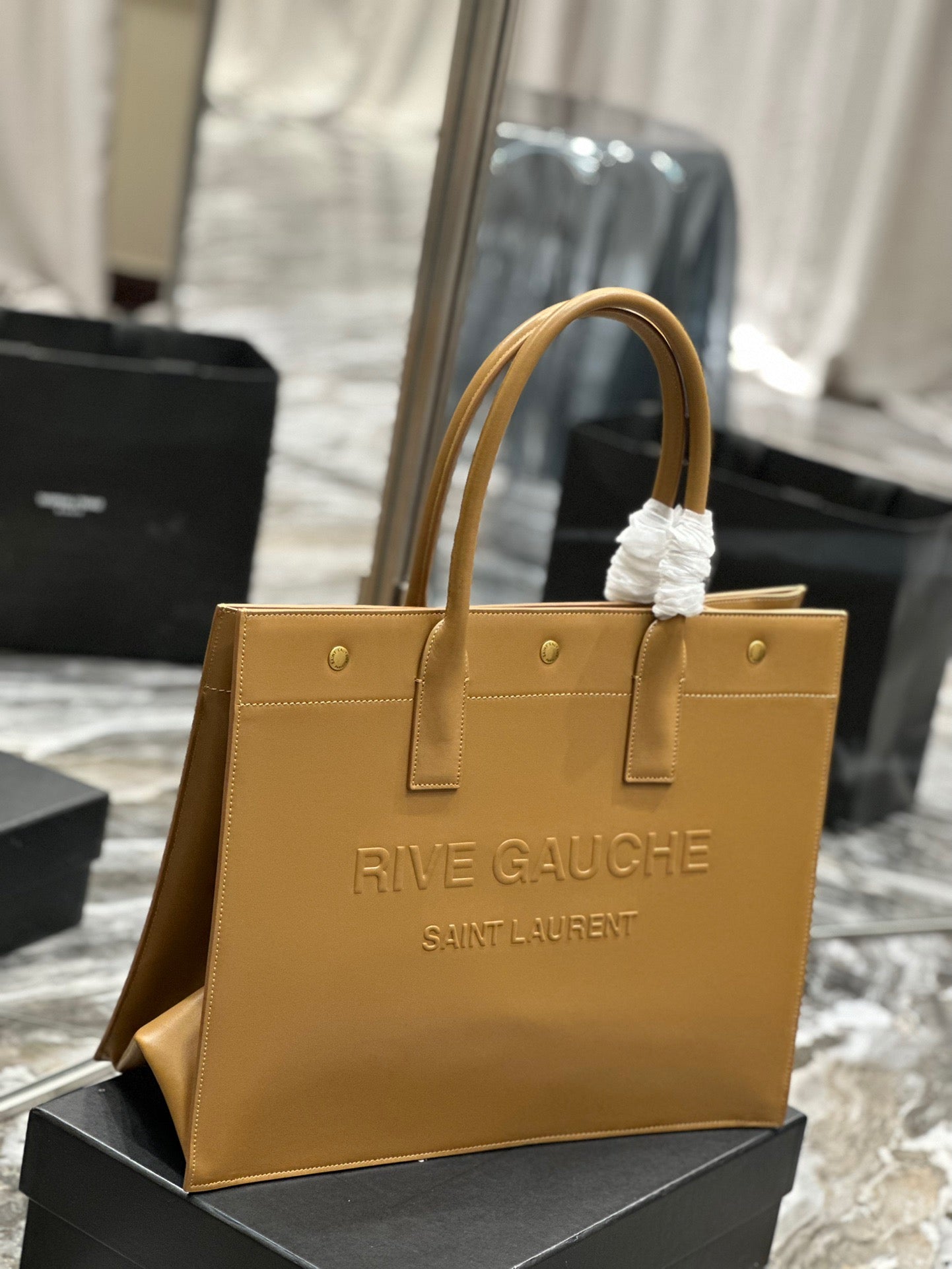 Saint Laurent Rive Gauche Small Tote Bag in Brown With Full Leather