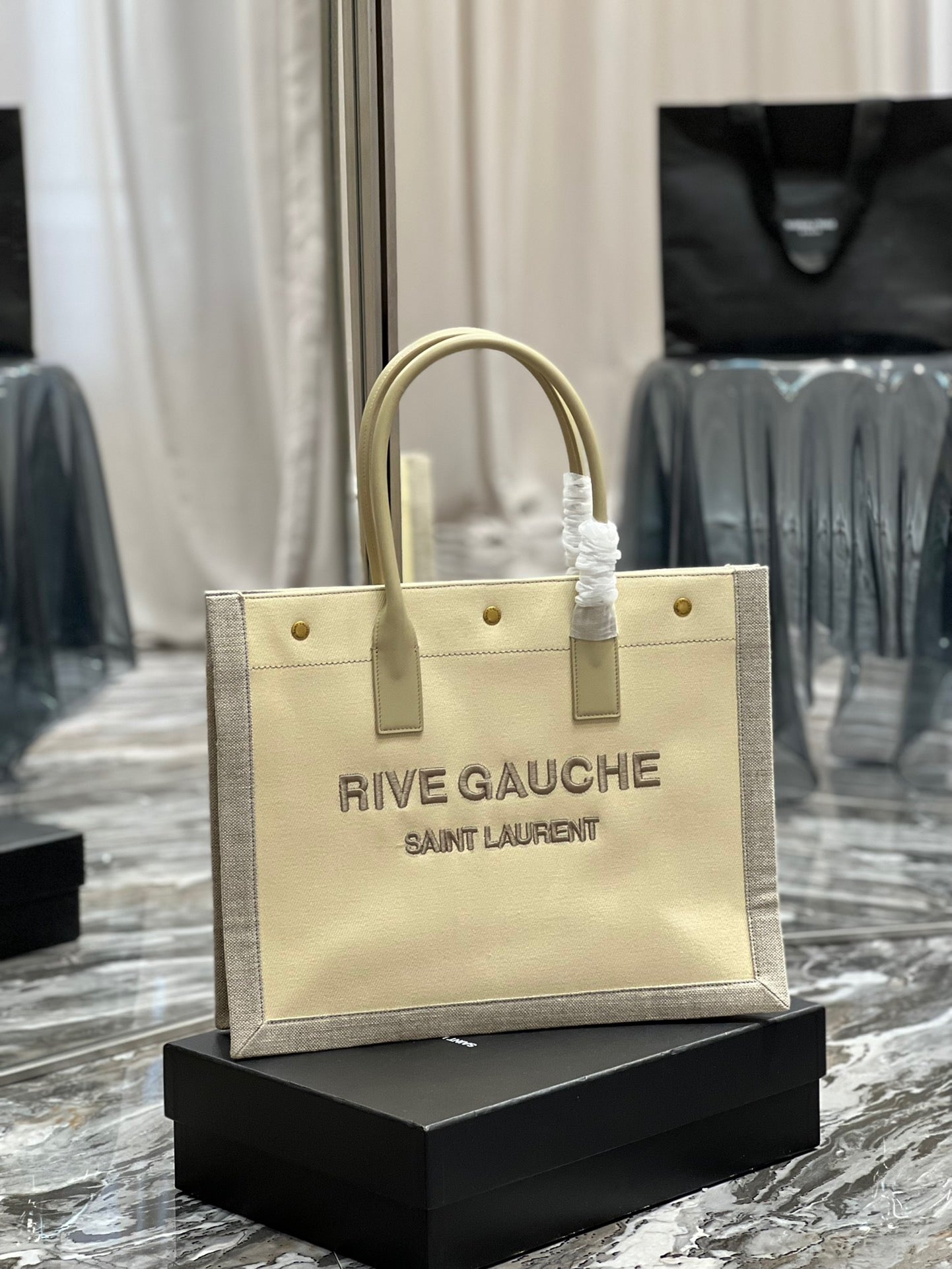 Saint Laurent Rive Gauche Small Tote Bag in Beige Linen and Leather