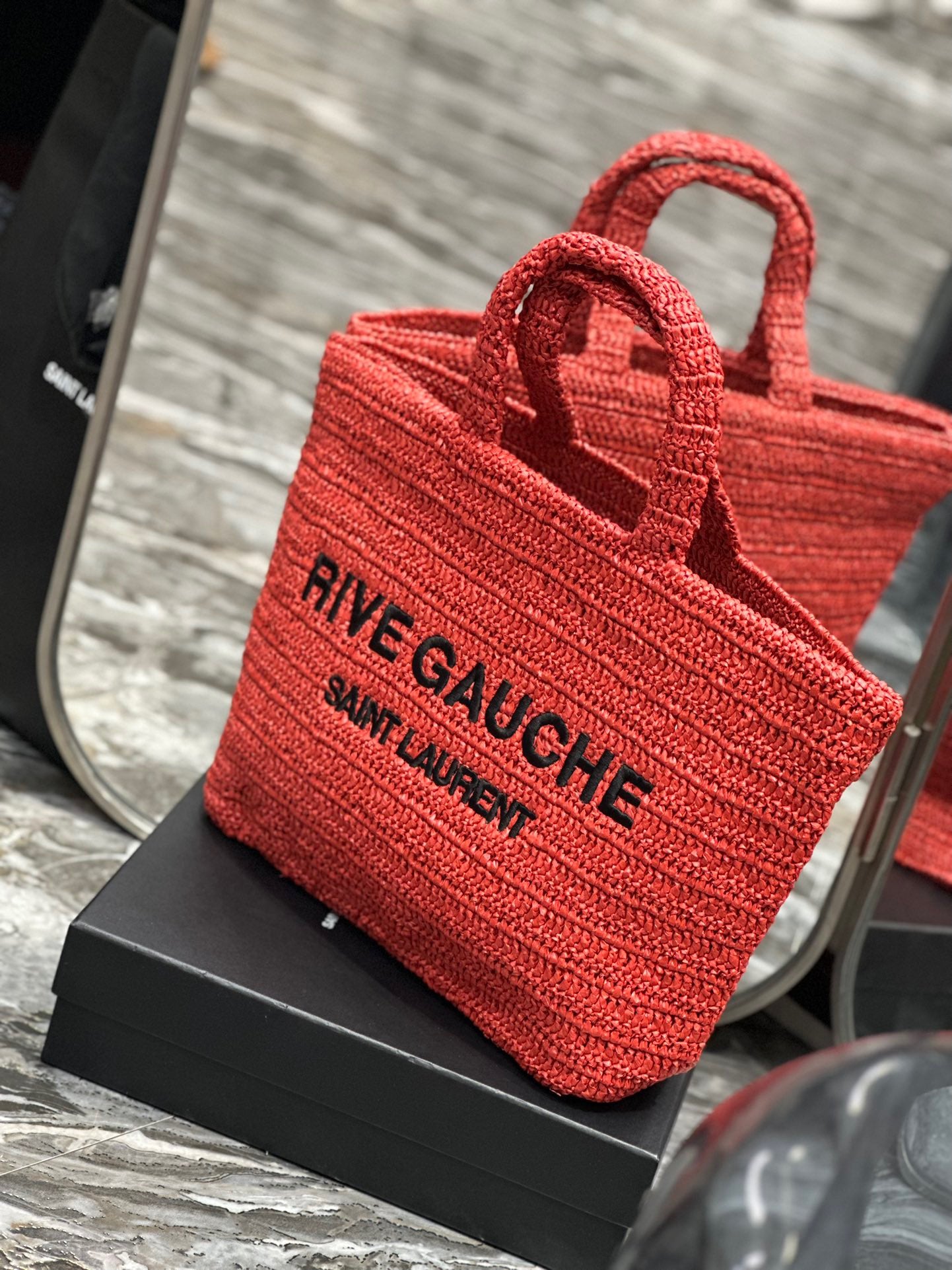 Saint Laurent Rive Gauche Tote Bag in Neon Pink Raffia Crochet