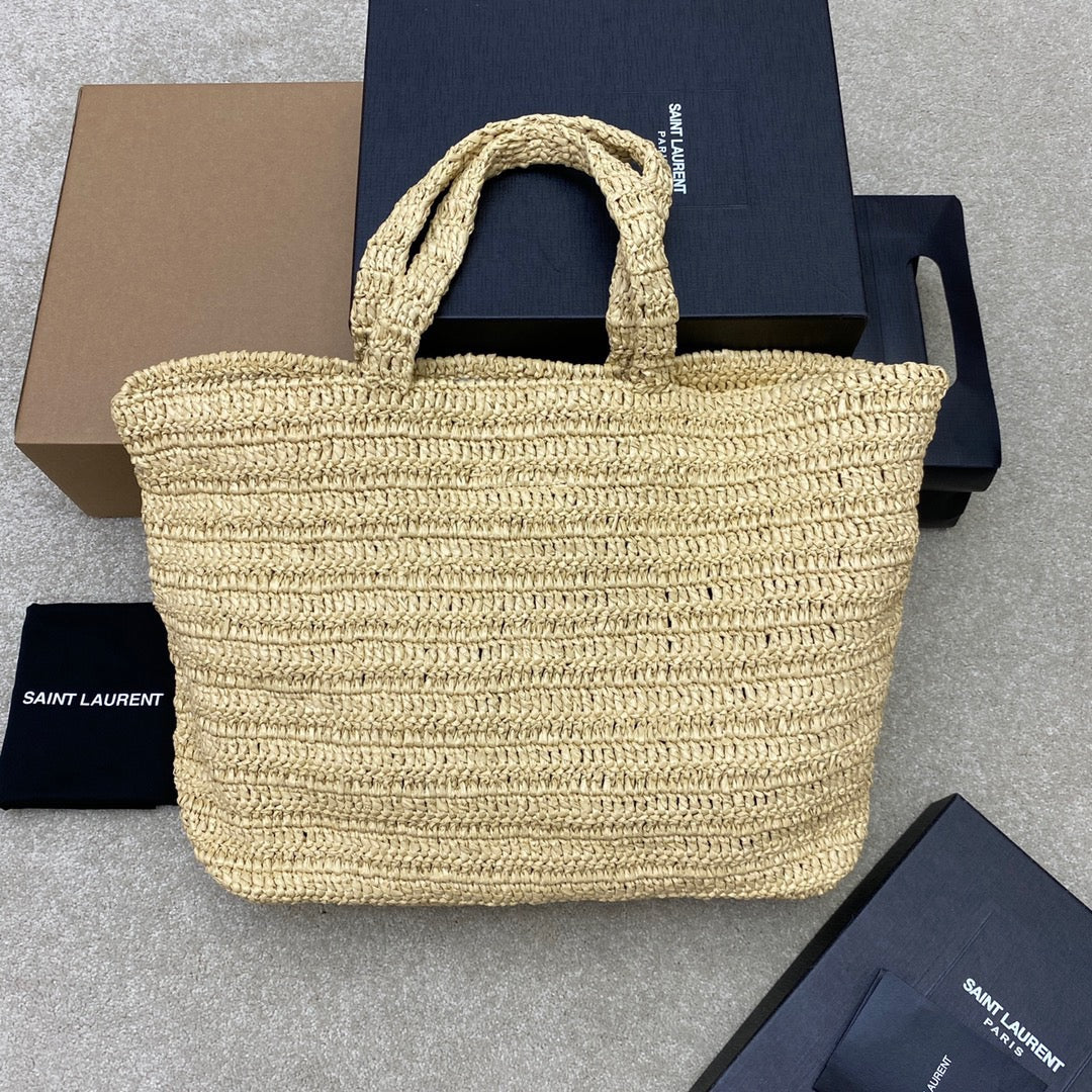 Saint Laurent Rive Gauche Tote Bag in Beige Raffia Crochet