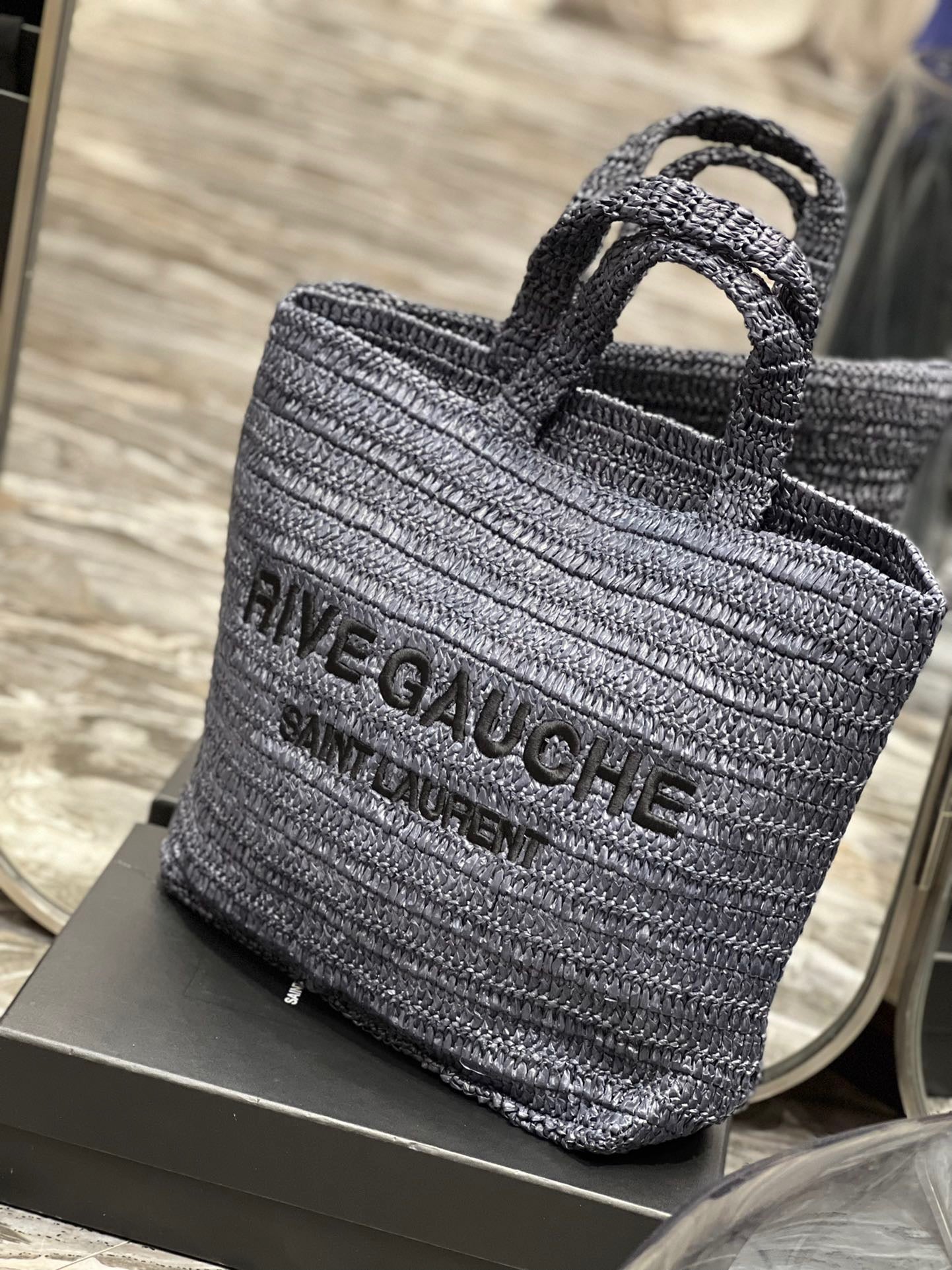 Saint Laurent Rive Gauche Tote Bag in Gray Raffia Crochet