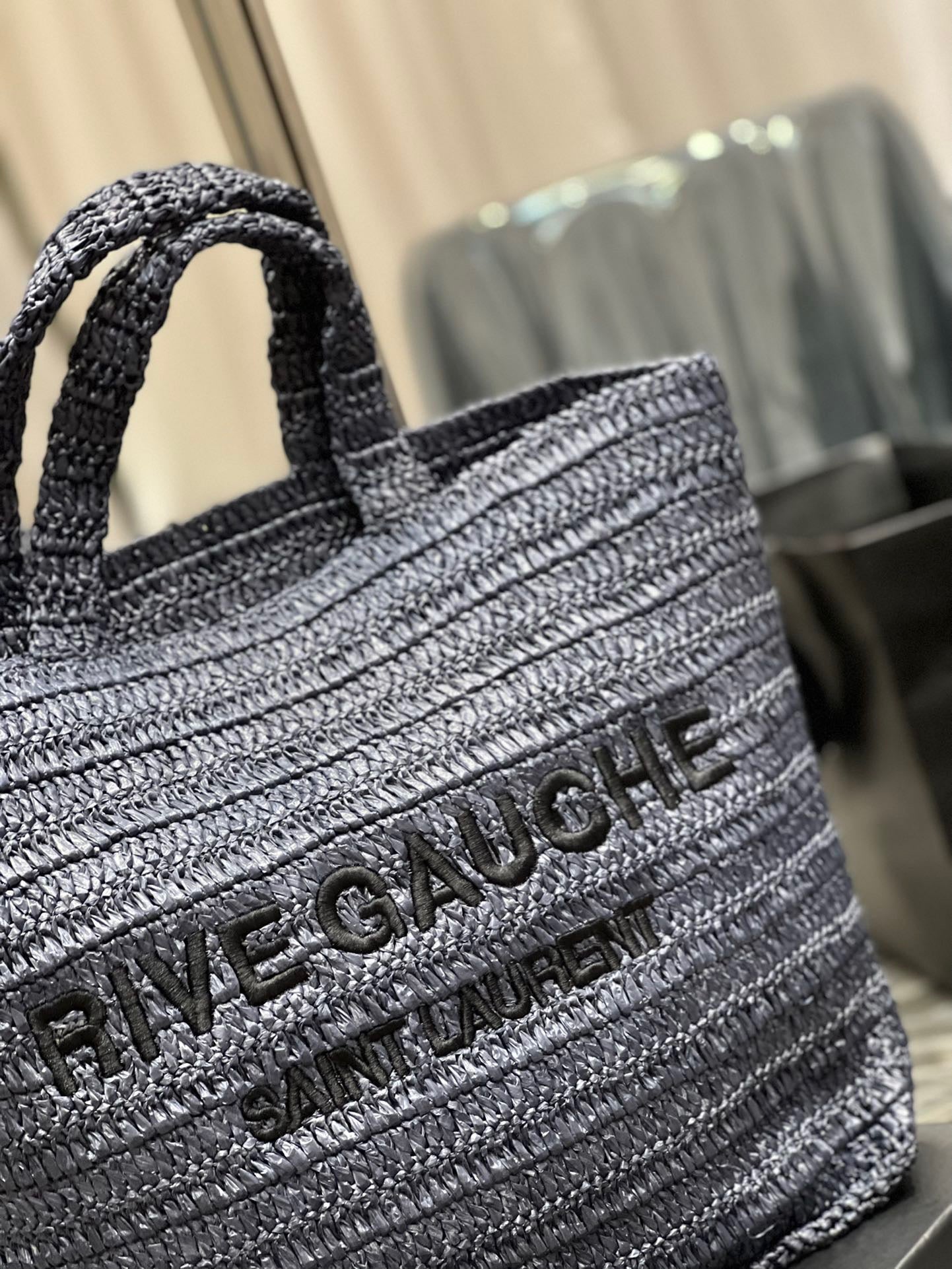 Saint Laurent Rive Gauche Tote Bag in Gray Raffia Crochet