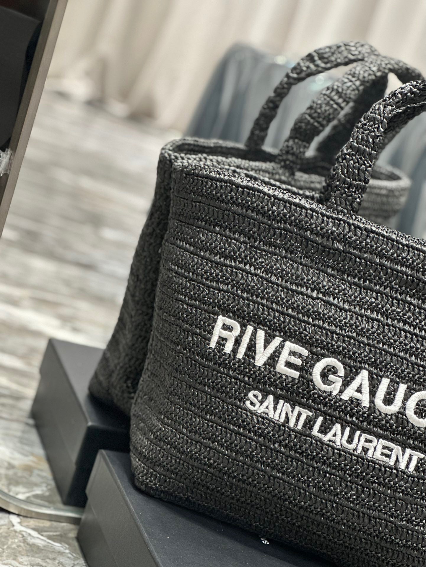 Saint Laurent Rive Gauche Tote Bag in Black Raffia Crochet