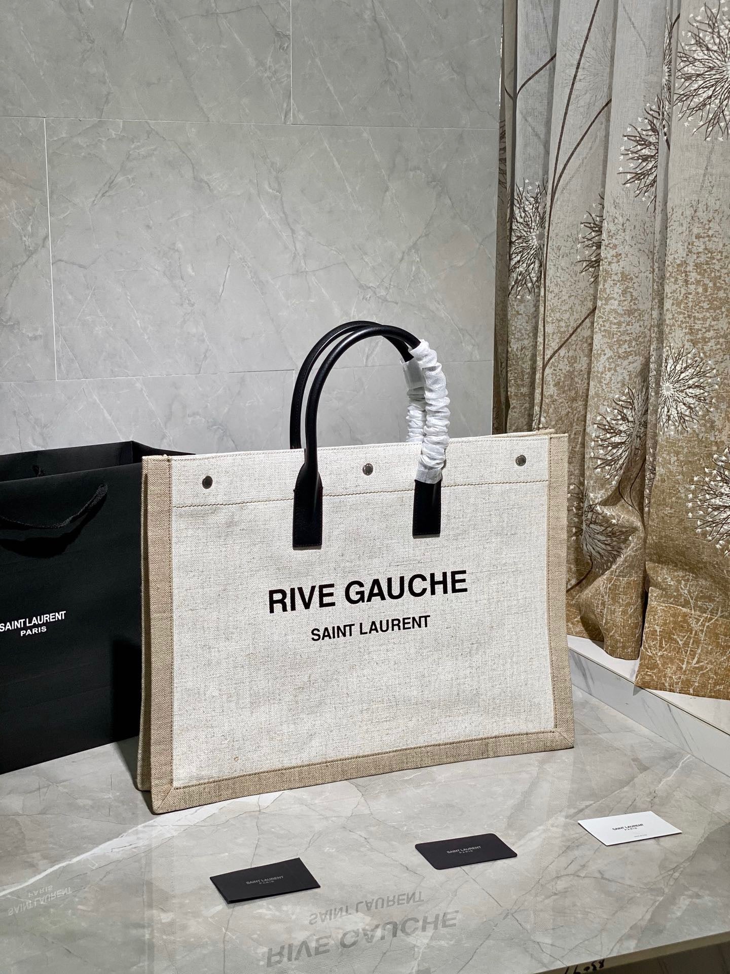 Saint Laurent Rive Gauche Tote Bag in White Linen and Black Leather