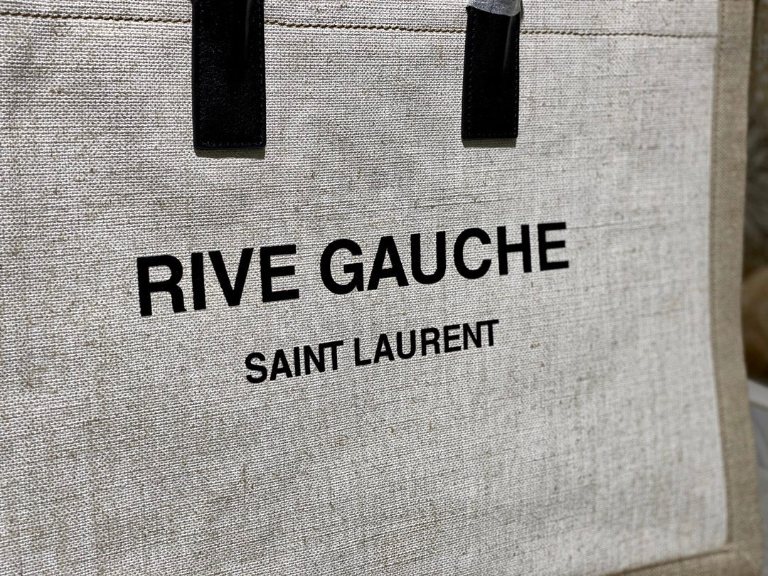 Saint Laurent Rive Gauche Tote Bag in White Linen and Black Leather