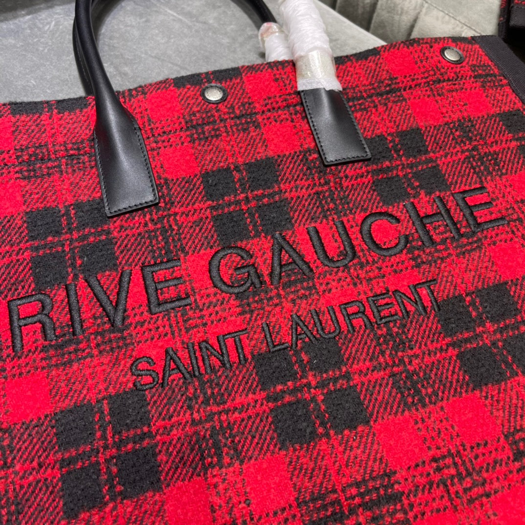 Saint Laurent Rive Gauche Tote Bag in Red And Black Plaid