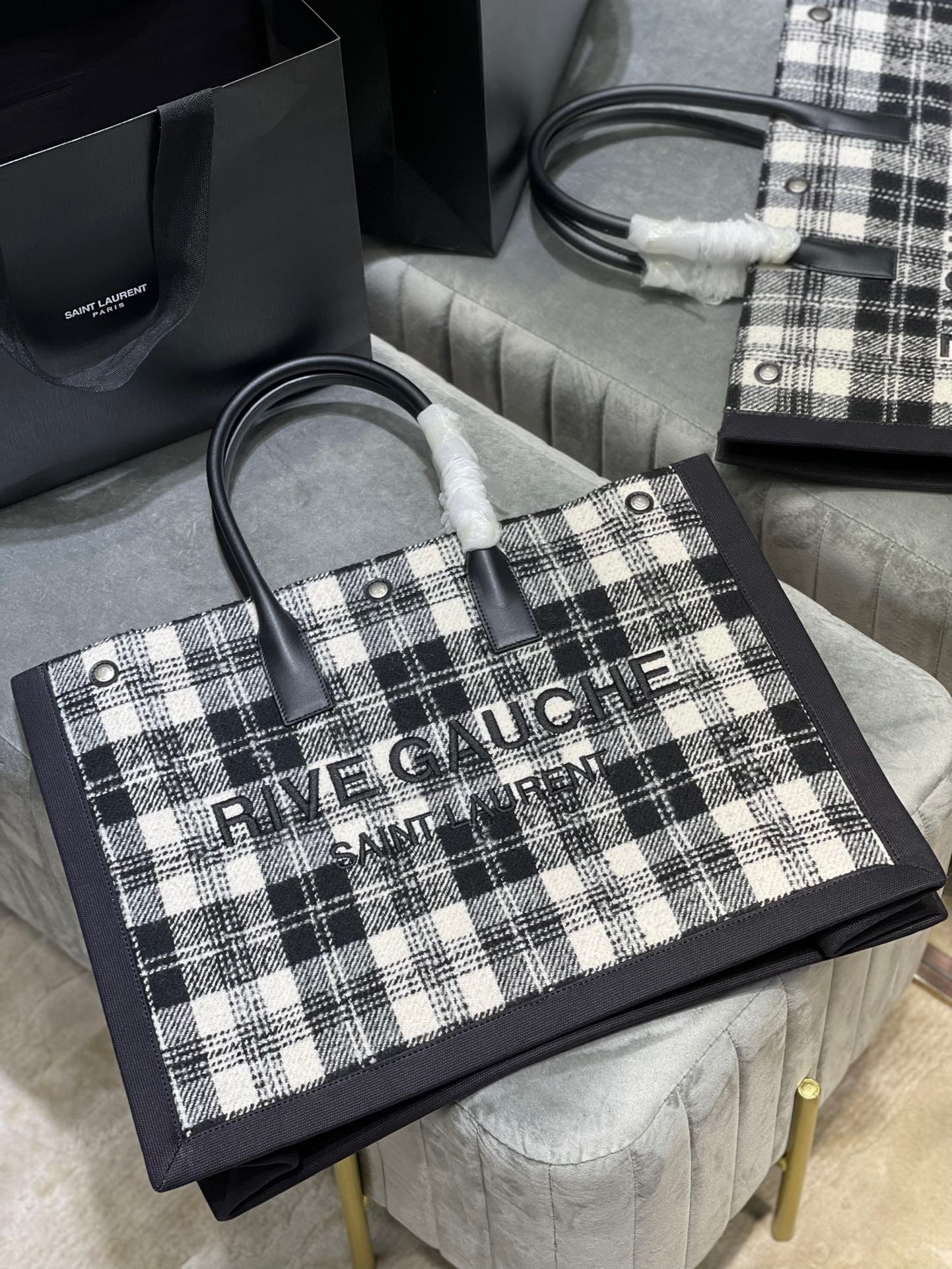 Saint Laurent Rive Gauche Black And White Checked Linen With Black Leather tote bag