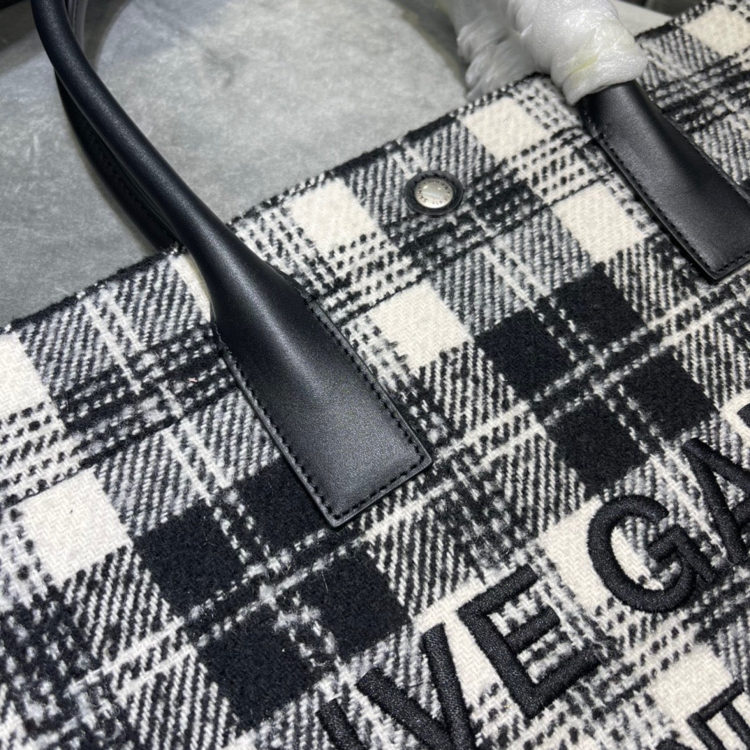 Saint Laurent Rive Gauche Black And White Checked Linen With Black Leather tote bag