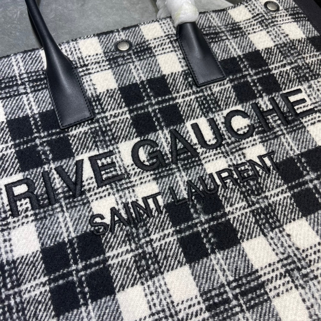 Saint Laurent Rive Gauche Black And White Checked Linen With Black Leather tote bag