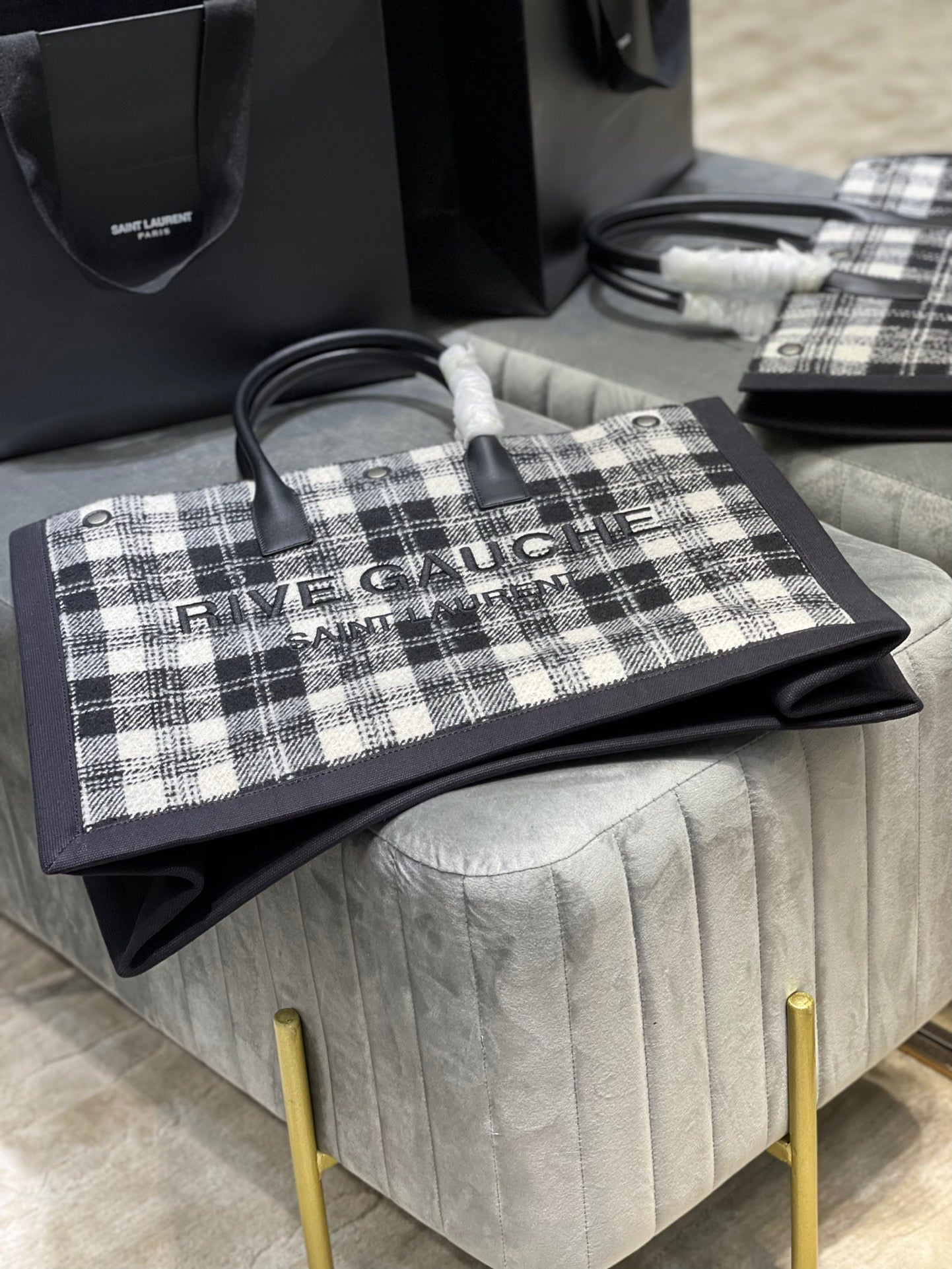 Saint Laurent Rive Gauche Black And White Checked Linen With Black Leather tote bag