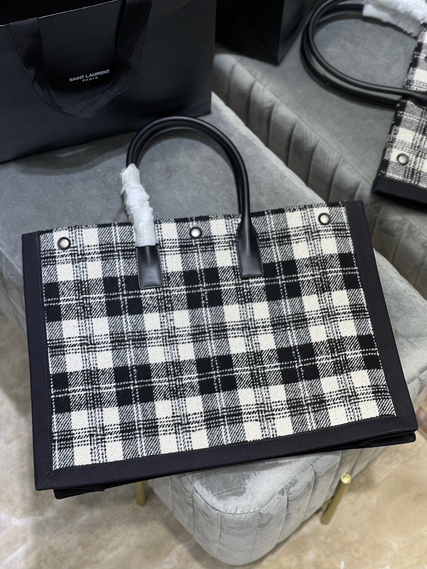 Saint Laurent Rive Gauche Black And White Checked Linen With Black Leather tote bag